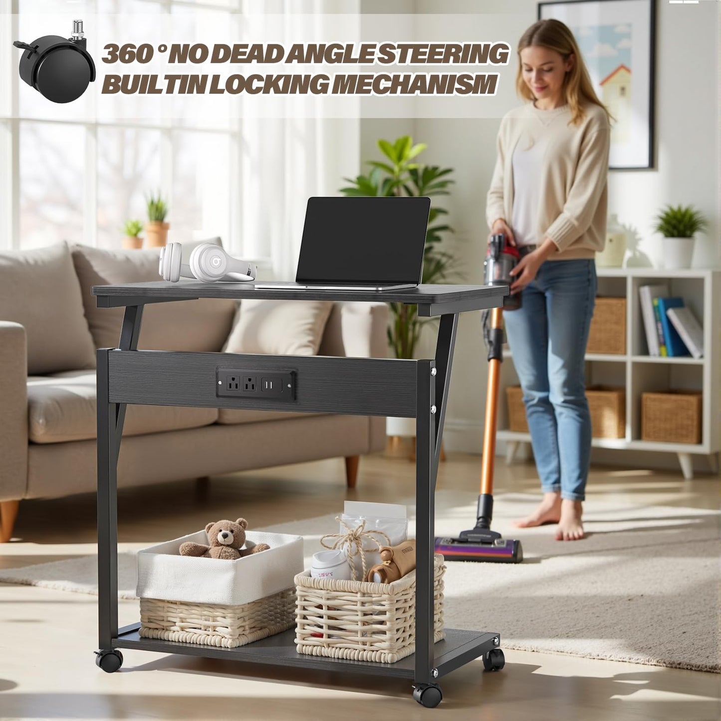 FANXIYQ Computer Tower Stand with 360° Locking Casters, 5 Height Adjustable Mobile CPU Cart, Under Desk PC Holder for Gaming Desktop, Home Office Organization, Black