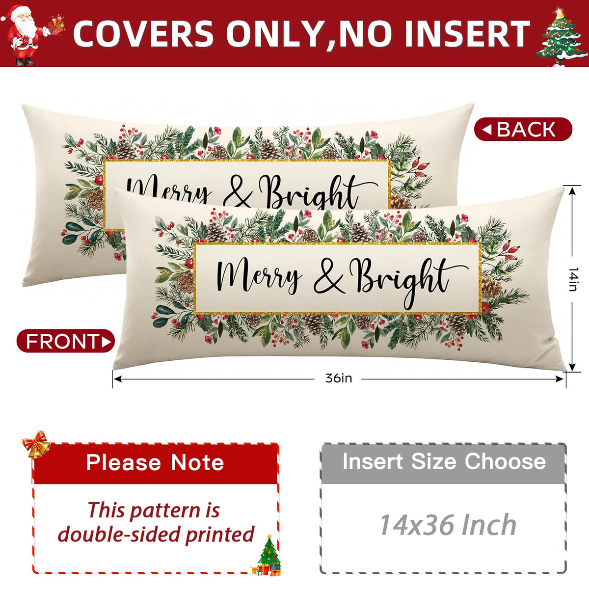 OTOSTAR Merry Bright Christmas Decor Pillow Cover 14x36 Inch Extra Long Lumbar Decorative Throw Pillow Case Eucalyptus Mistletoe Winter Holiday Cushion Cover for Couch Bed Sofa Decor (Merry & Bright)
