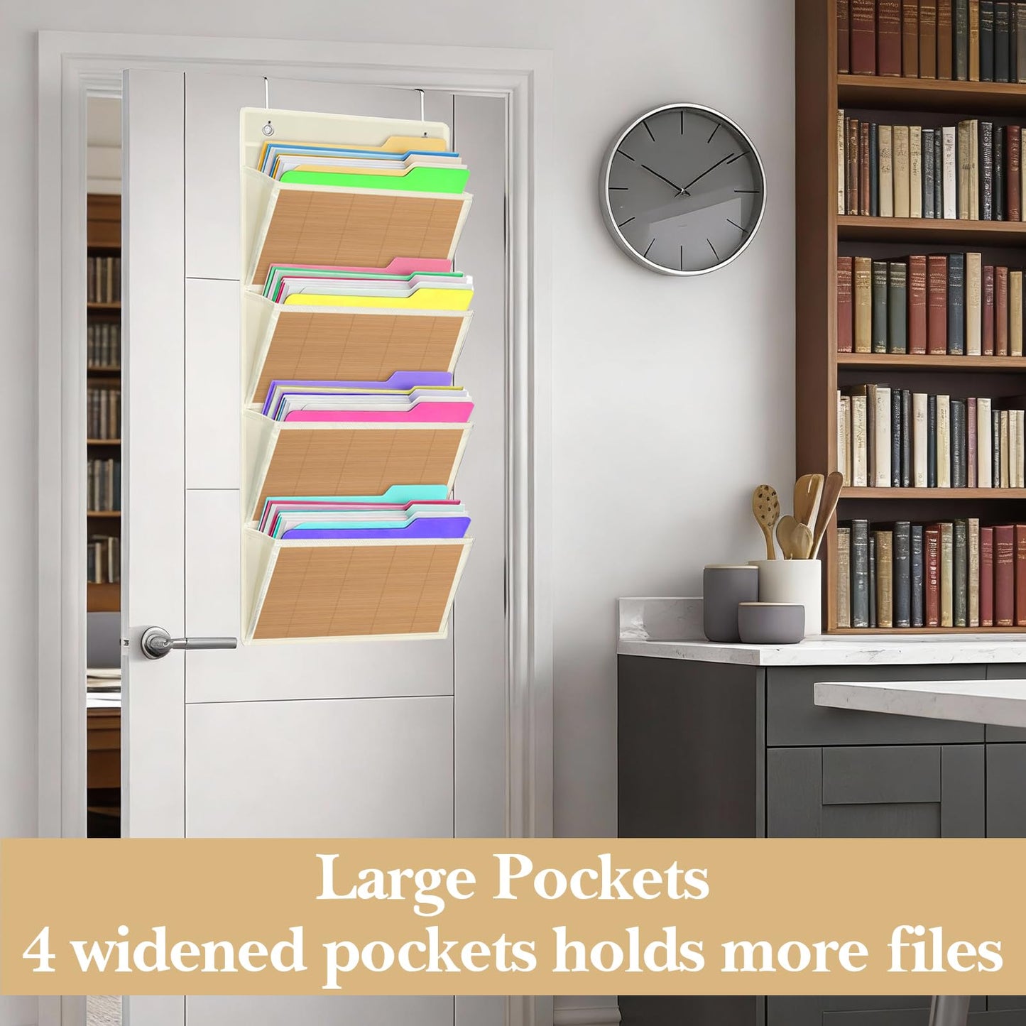 homyfort hanging wall file organizer, Over the door file folder organizer with 4 Large Bamboo Pockets, Suitable for Home, Office, Back to School Supplies Storage and Organization (Beige)