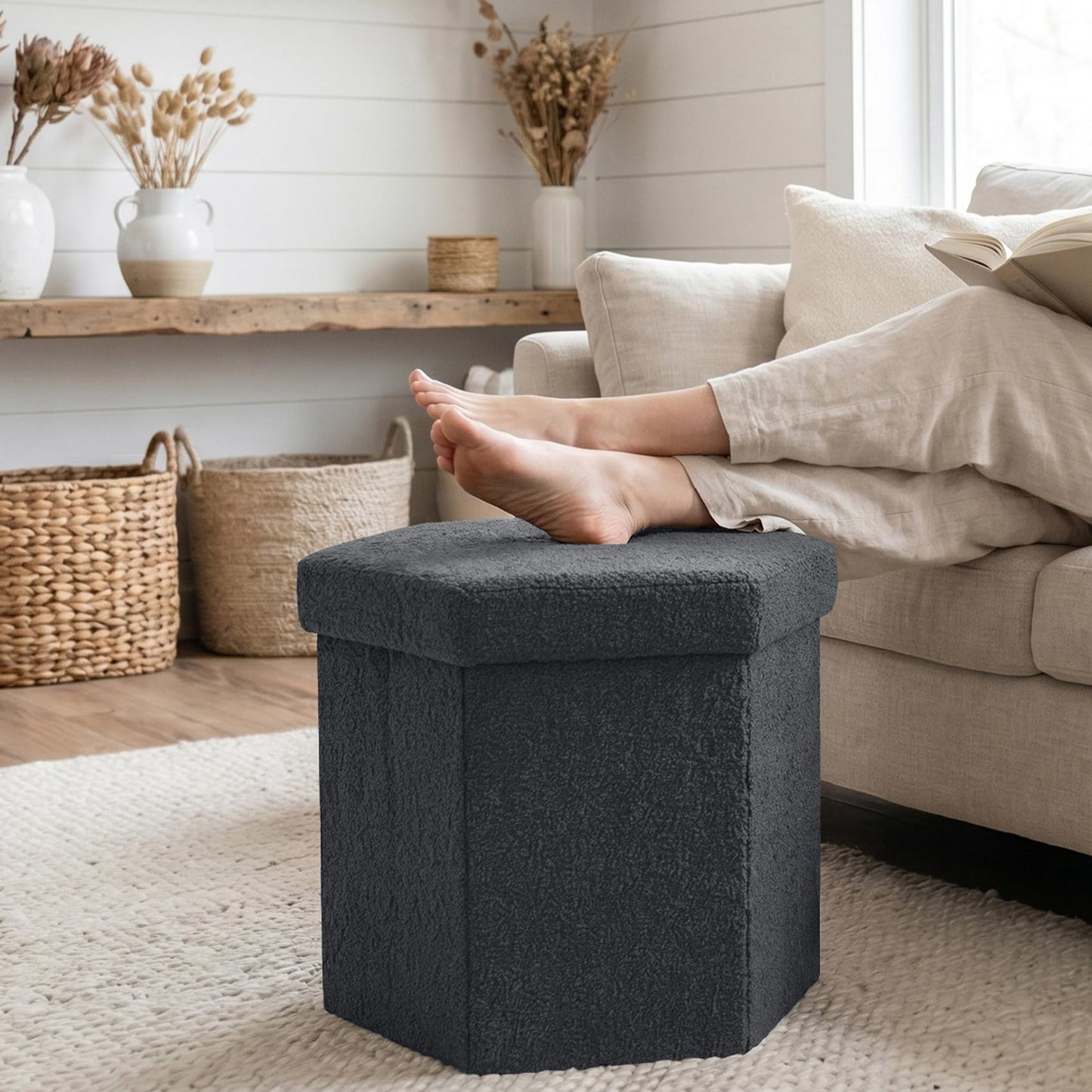 ZOLANOful Hexagon Storage Ottoman, Foldable Boucle Footrest with Hidden Storage, Upholstered Ottoman Footstool for Living Room, Bedroom, Dorm, Entryway, 15 x 16.9 x 15 Inches, Darkgrey