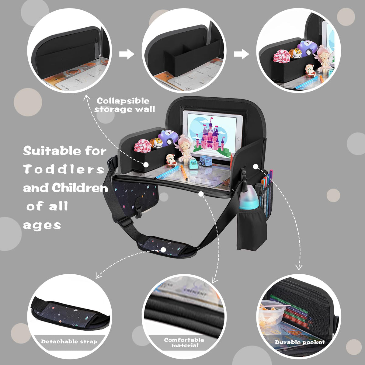 MENZOKE Kids Travel Tray, Road Trip Activities for Kids with Dry Erase Board & Cooler Cup Holder, Toddler Car Activities with No-Drop iPad Holder Stand, Roadtrip Essentials for Toddlers, Black