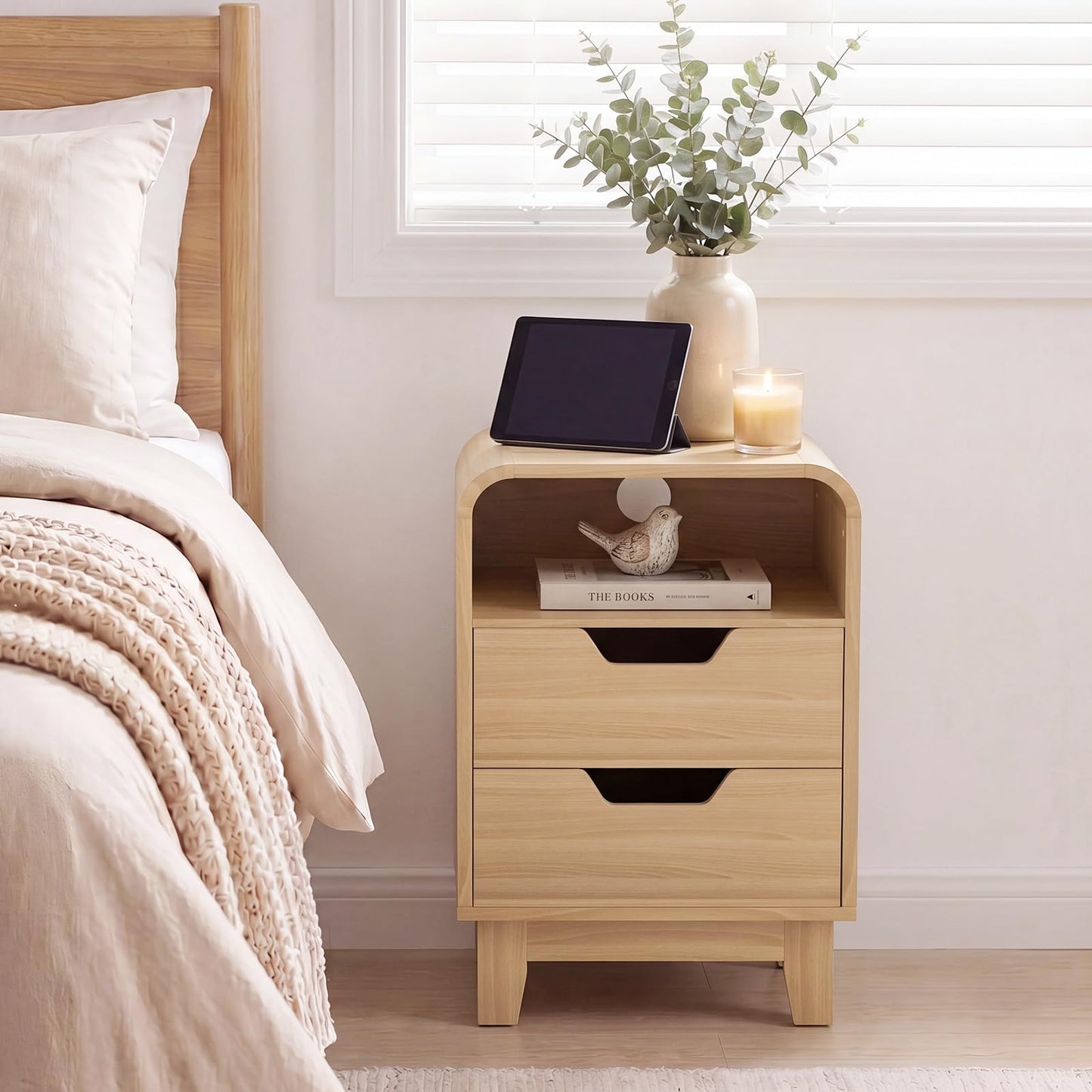 Nightstand with Charging Station, Modern Night Stand with LED Light, 15.7" Wide Wood Bed Side Table Bedroom, Small Bedside Table, Curved End Table with 2 Drawers| Natural Wood, 1 Pack