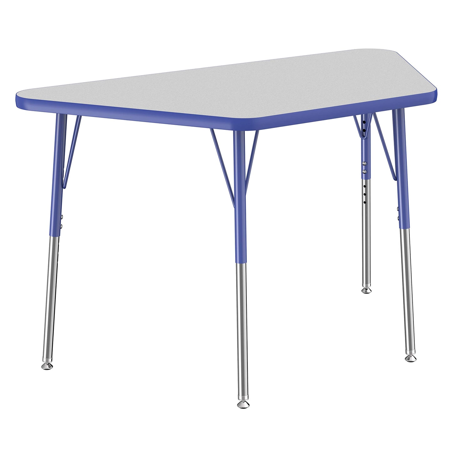 FDP Trapezoid Activity School and Office Table (24 x 48 inch), Standard Legs with Swivel Glides for Collaborative Seating Environments, Adjustable Height 19-30 inches - Gray Top and Blue Edge