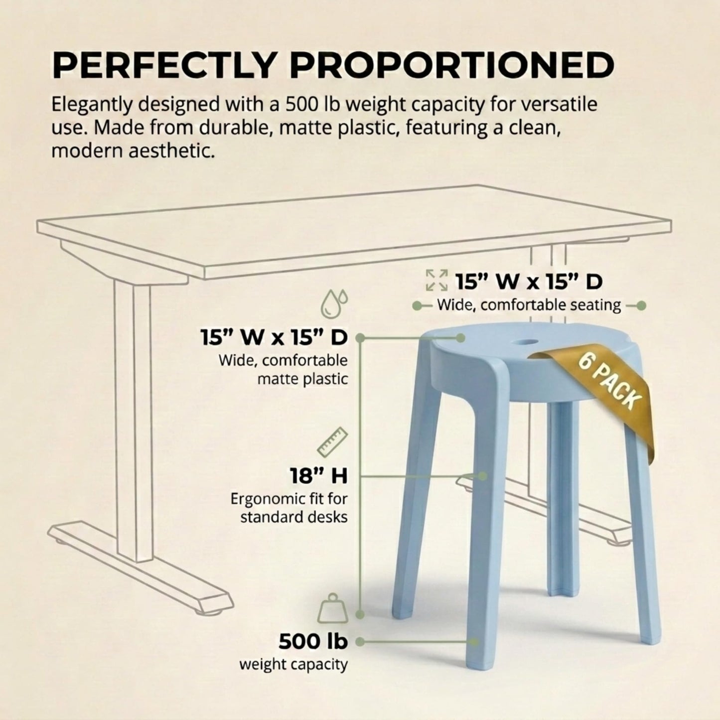 Stackable Classroom Stools Set of 6-18 Inch Flexible Seating for Classroom, School & Home Office - Heavy Duty Plastic Stackable Stools, 500 lbs Capacity