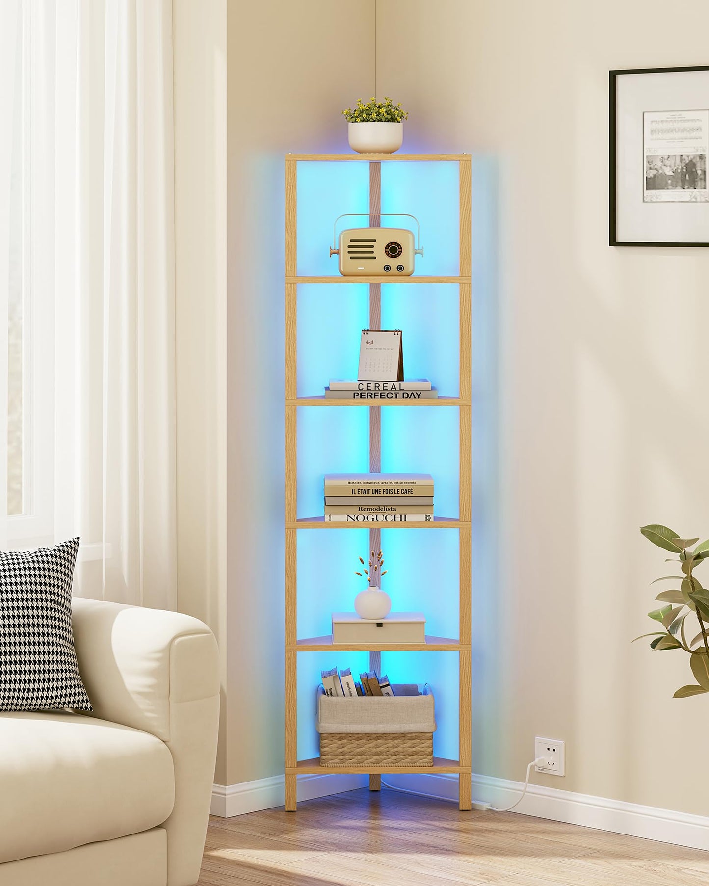 TUTOTAK Corner Shelf with LED Light, 6-Tier Corner Bookshelf for Small Space, Narrow Display Corner Shelf Stand with Storage Rack, for Living Room, Bedroom, Natural BS05BN006L