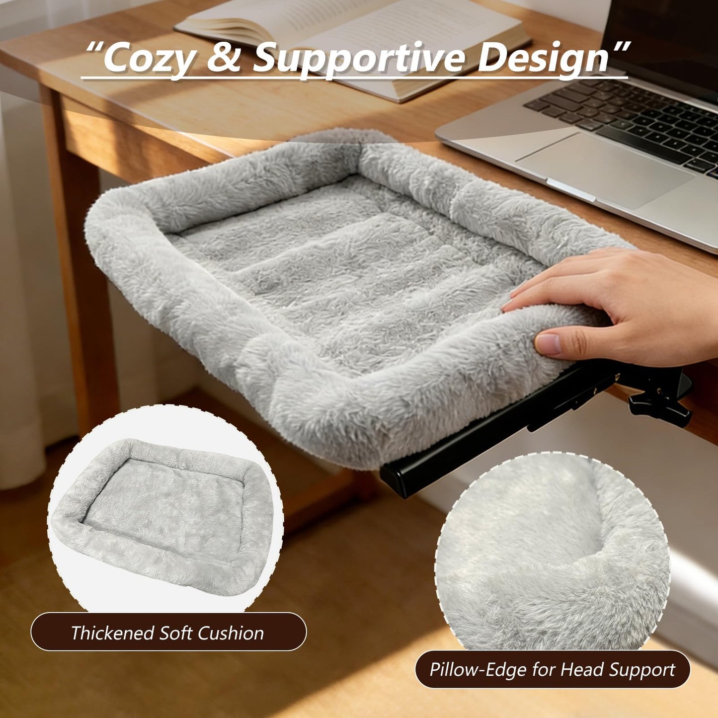 GREENSINDOOR Cat Desk Bed - One-Click Folding,Heavy Duty Cat Hammock Perch for Desk Holds up to 40 lbs, Soft Faux Rabbit Fur Material, Suitable for Various Desktops-Removable & Washable,21"x17", Gray