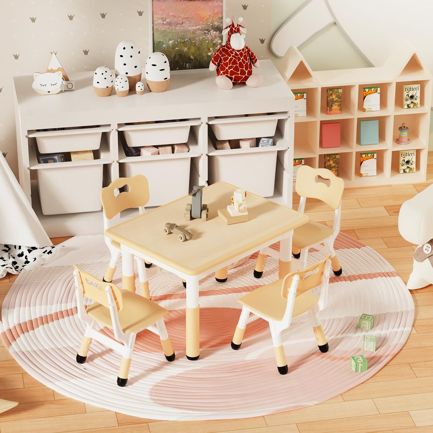 HLPB Kids Table and 4 Chairs Set, Adjustable Height, Graffiti Desktop, Non-Slip Legs, 31.5''L x 23.6''W Toddler Multi-Activity Table for Ages 2-8, Max 300lbs, for Daycare, Classroom, Home