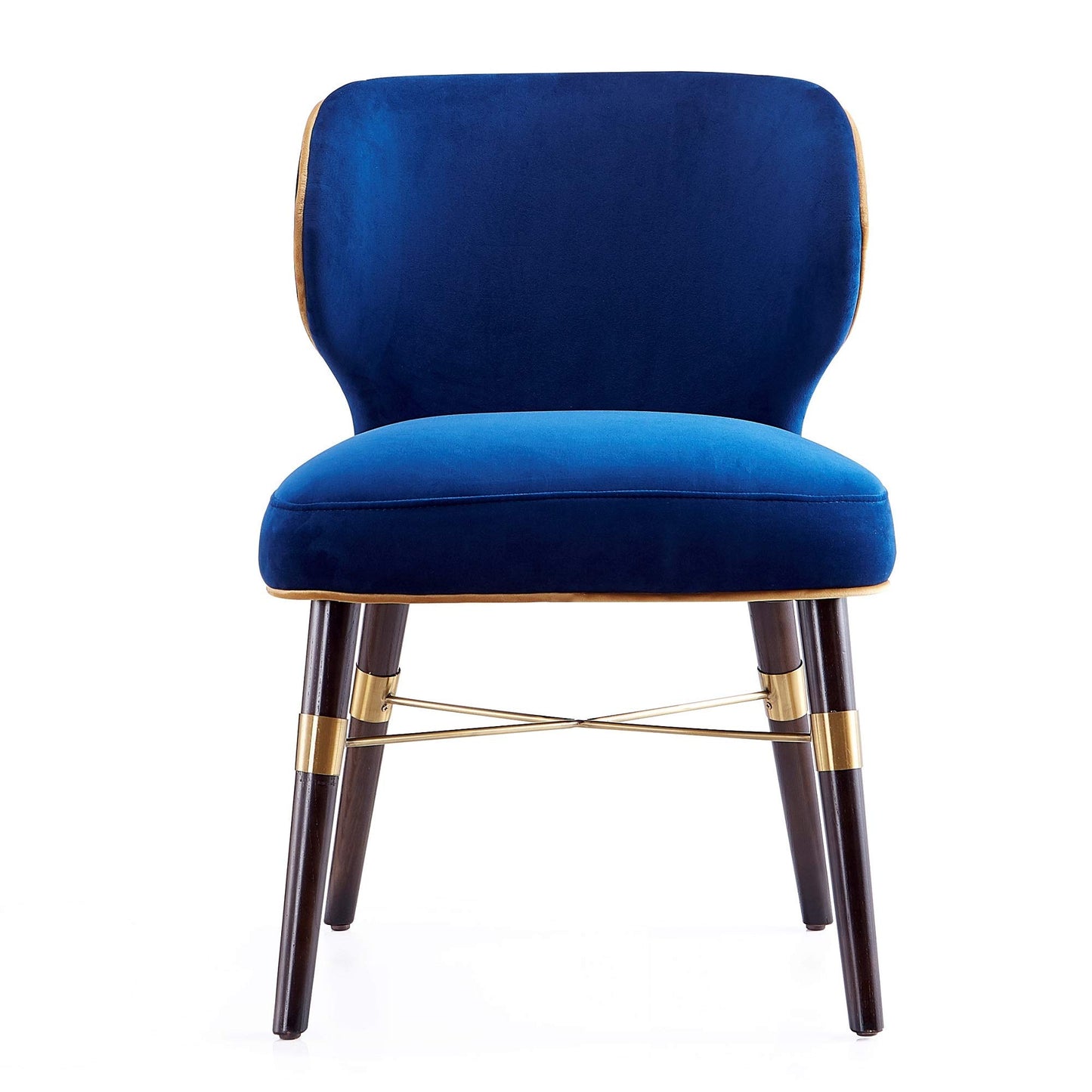 Manhattan Comfort Strine Modern Rounded Back Dining Chair Upholstered in Velvet & Leatherette with High-Density Foam Padding, Wood Frame & Criss Cross Gold Metal Base, Set of 1, Blue