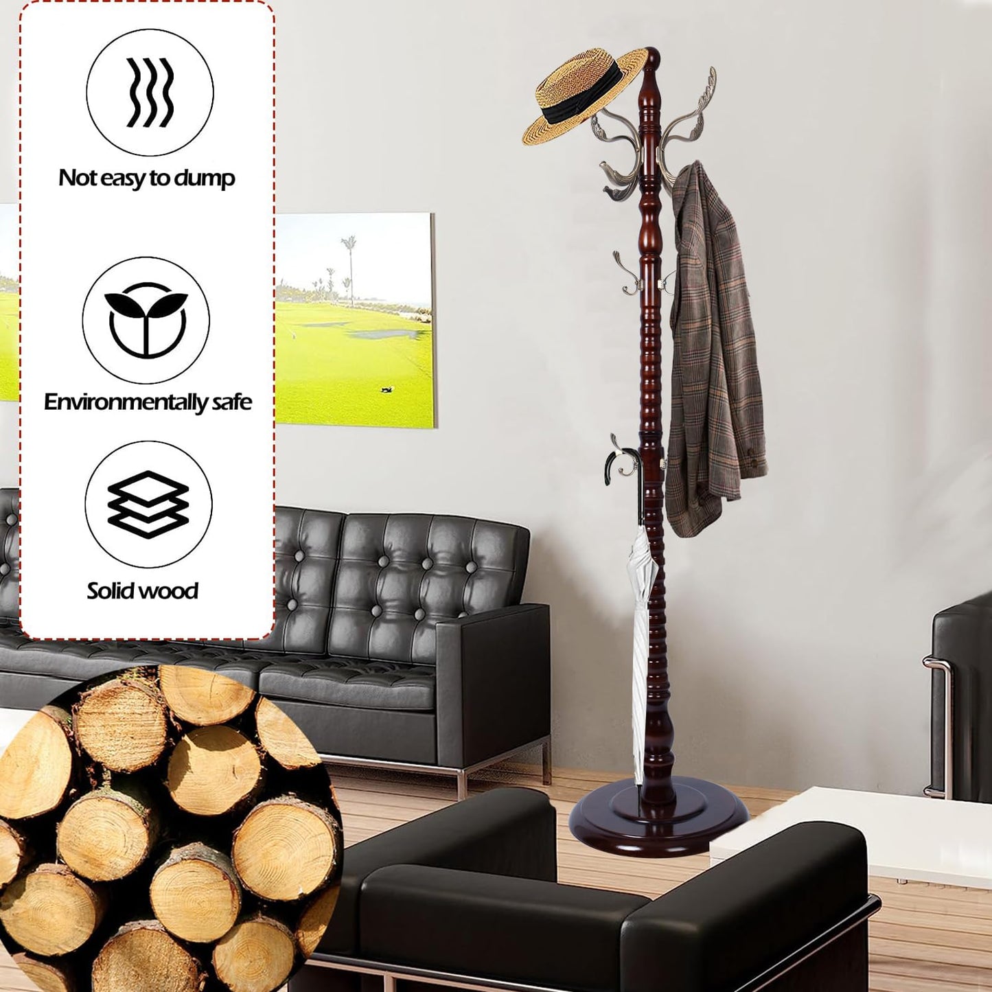 Sauqzoh Coat Racks Free Standing with 14 Hooks, Natural Wood Coat Stands for Entryway, Adjustable Height 73 in Tree Coat Rack Stand for Hallway Home Office Bedroom (Mahogany metal)