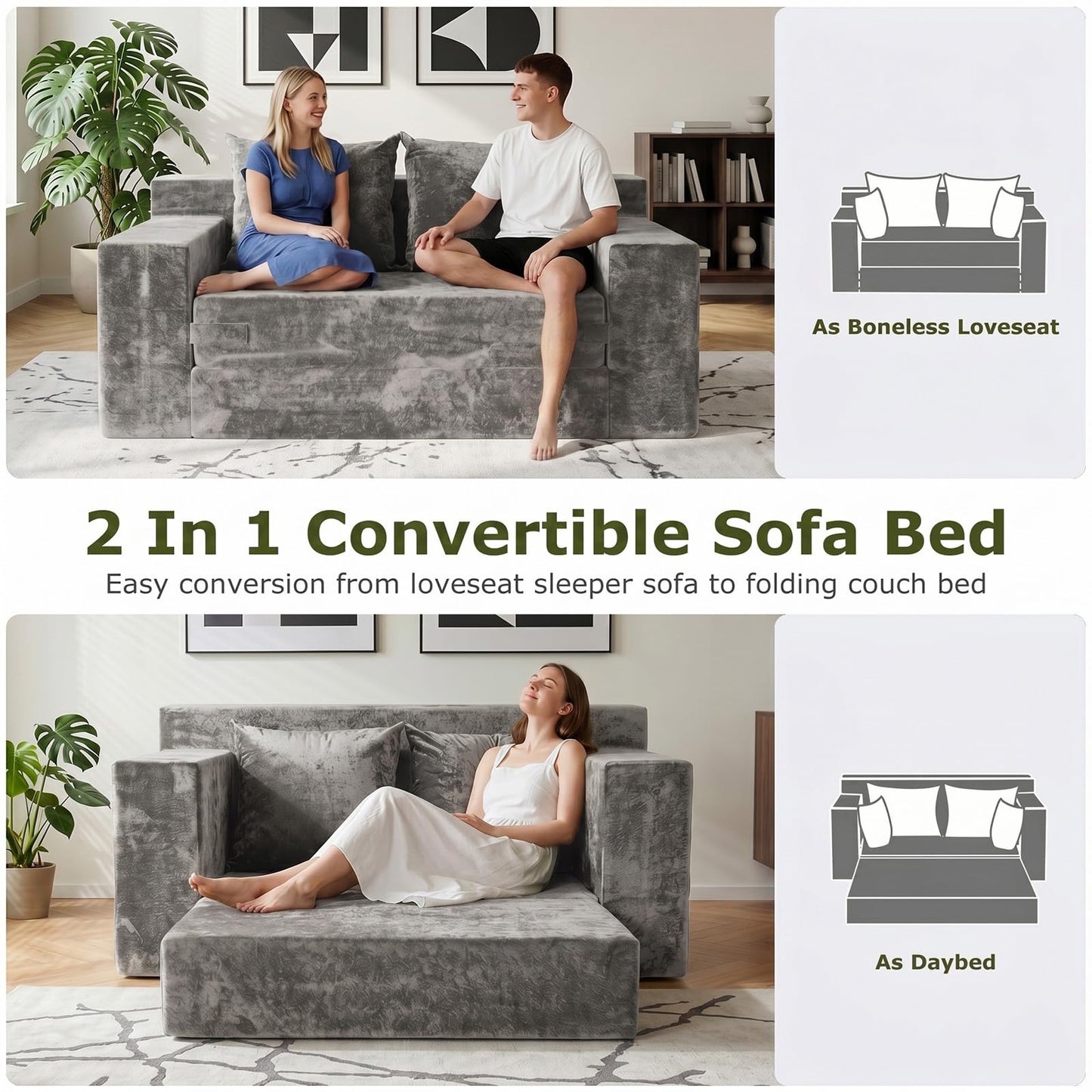 feliz home Boneless Loveseat Couches, Convertible Sofa Bed Folding Couch Bed, Boneless Chair Bed & Futon Sofa Bed, Small Pull Out Couch Foldable with 4 Pillows for Living Room, Light Grey
