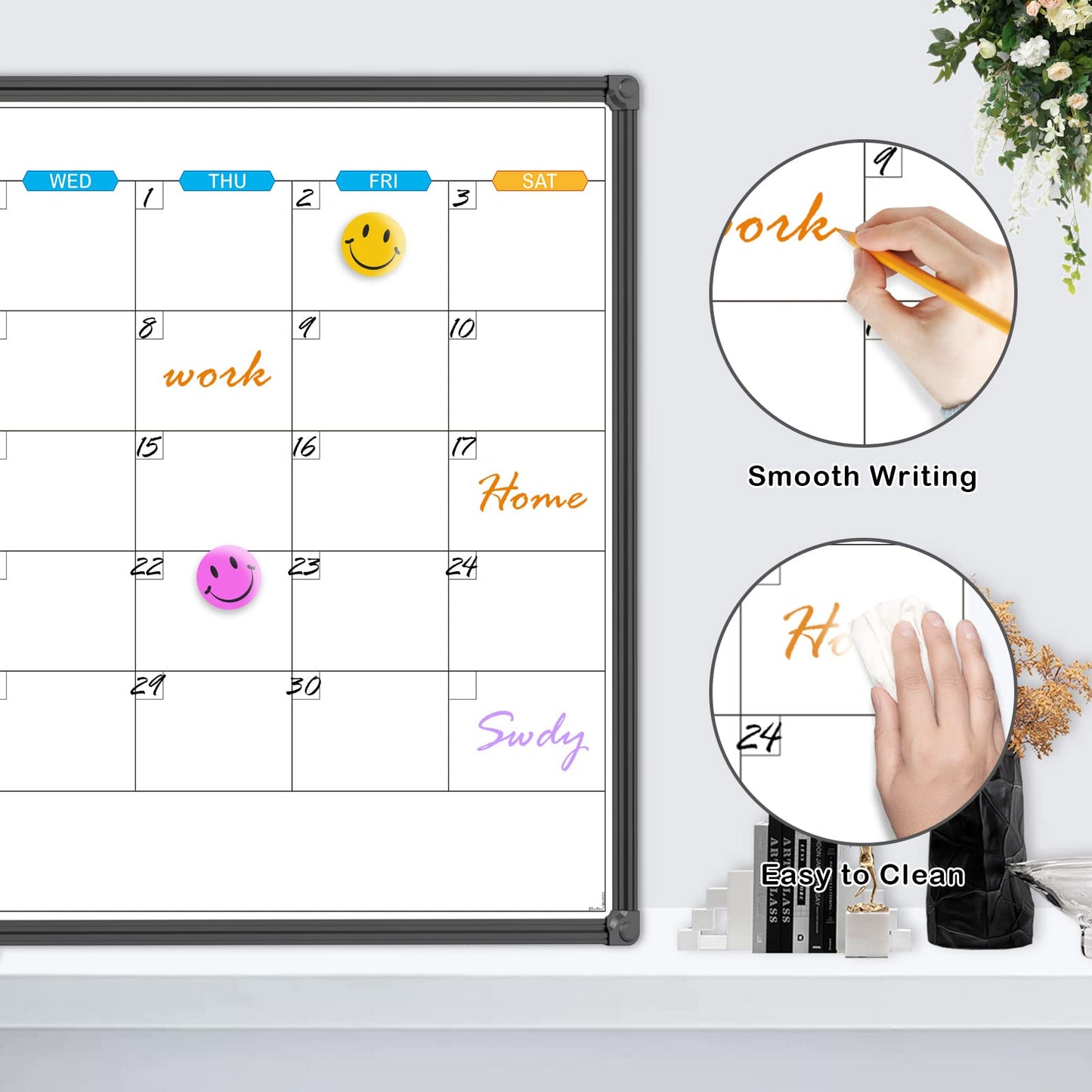 JILoffice Dry Erase Calendar Whiteboard - Magnetic White Board Monthly 36 x 24 Inch, Black Aluminum Frame Wall Mounted for Office Home and School