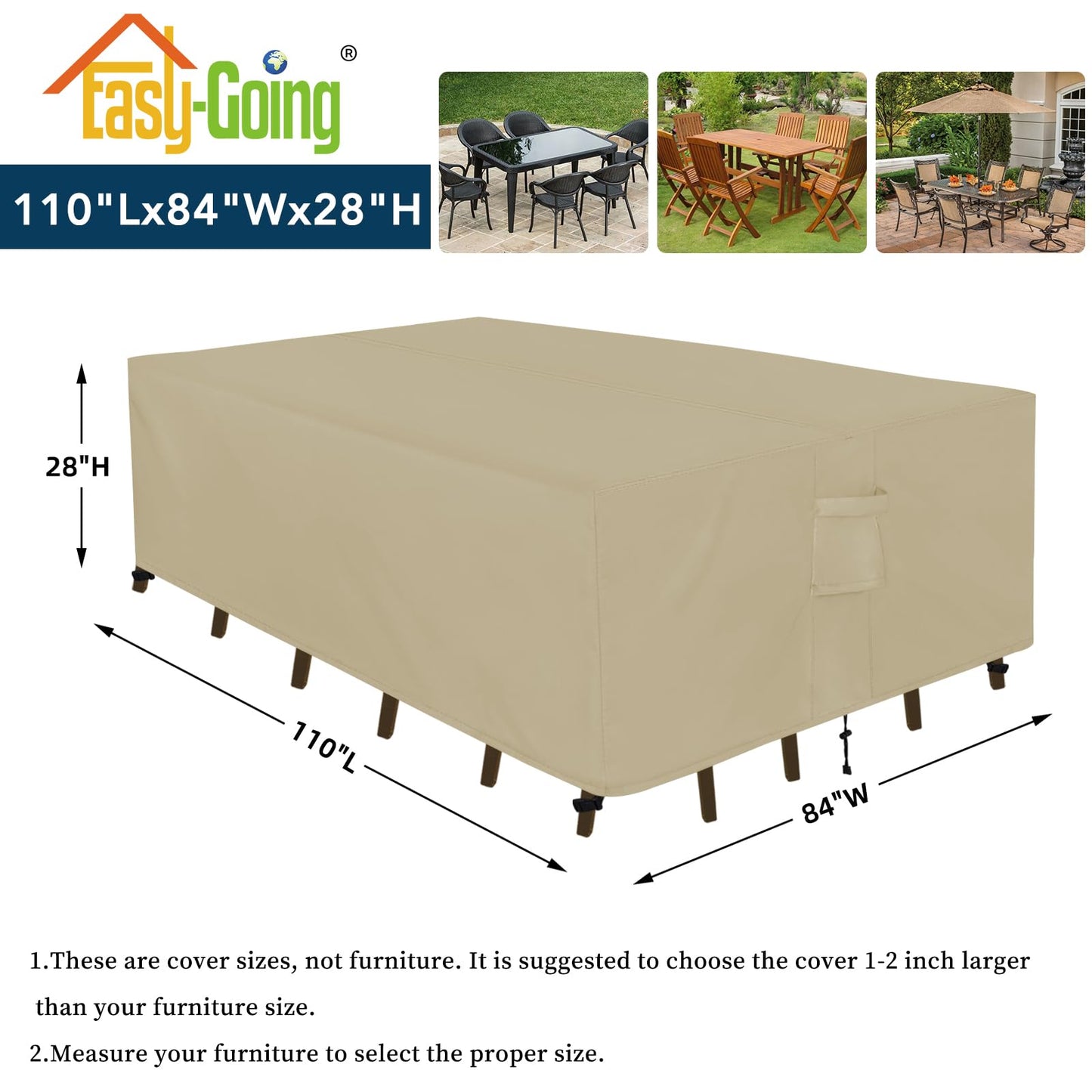 Easy-Going Rectangle Patio Furniture Cover Waterproof Outdoor Dining Table and Chair Cover Anti-UV Outside Sectional Sofa Set Covers (110"L x 84"W x 28"H, Camel)
