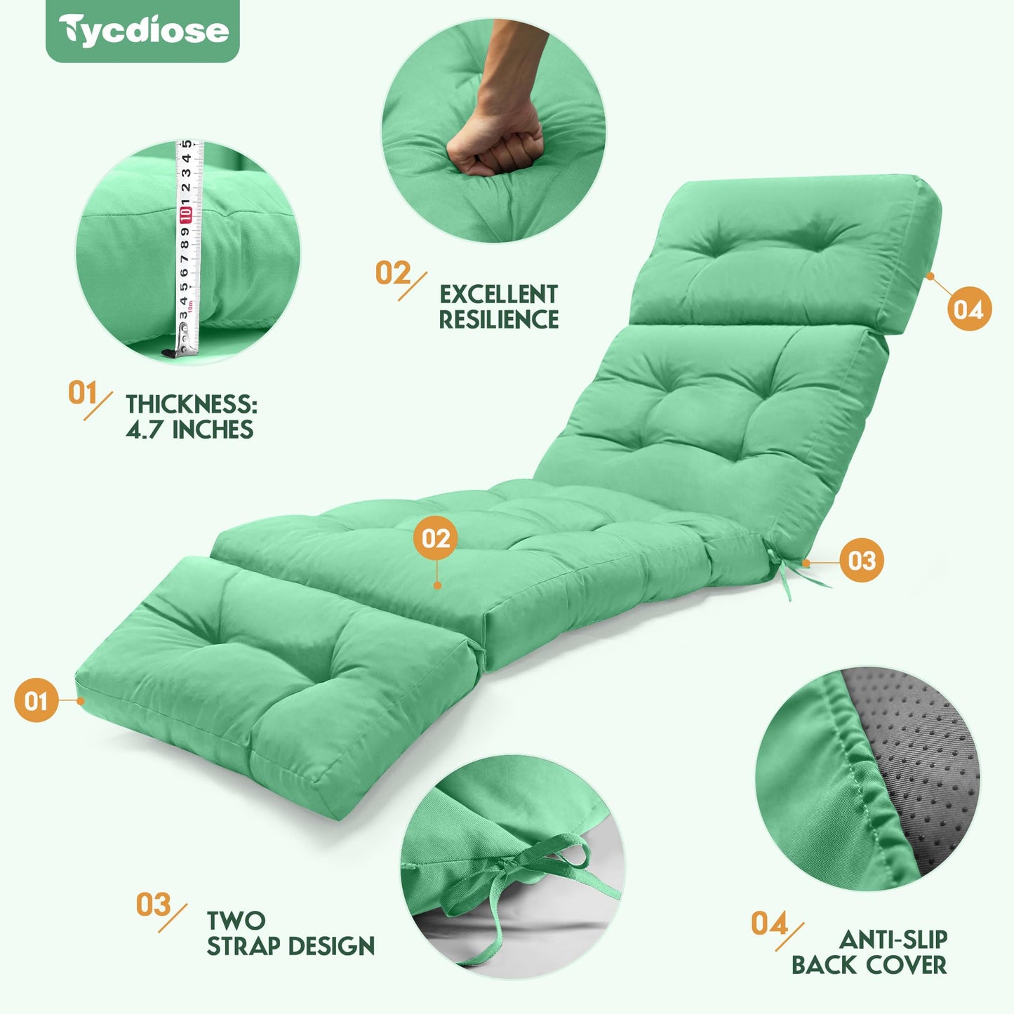 Tycdiose Outdoor Chaise Lounge Chair Cushion Waterproof 74.4 x 22 x 4.7 Inches Memory Foam Lounge Chair Cushions Replacement for Outdoor Furniture with Ties, Thickened Pool Lounge Chair Cushion, Cyan