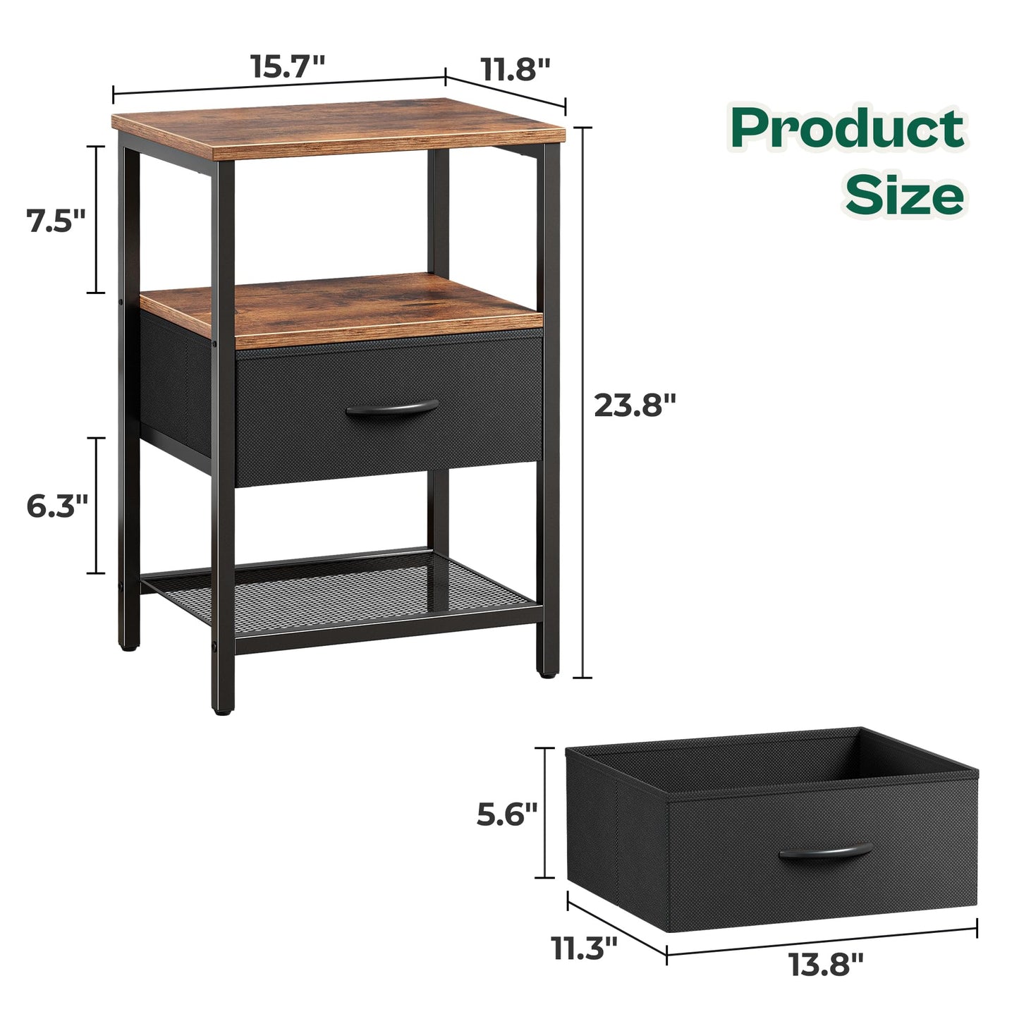 Huuger Night Stand with Fabric Drawer, Side Table with Mesh Shelf, Bedroom Nightstand, Fabric Drawer Dresser, Open Shelf, Metal Frame, Couch Side, Rustic Brown and Black