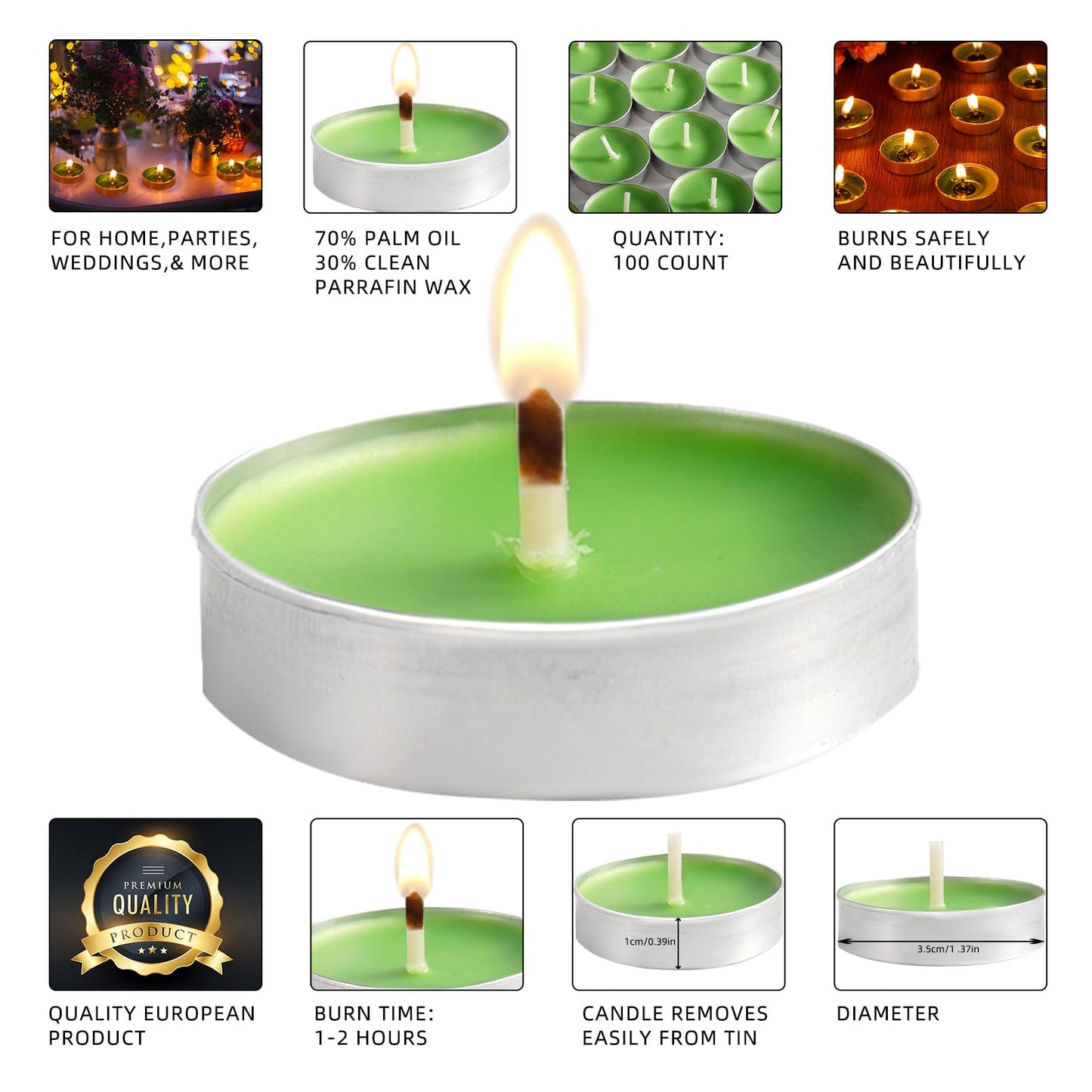 Dyrfolm 100 Pack Tea Lights - Smokeless, Unscented, Dripless & Long Lasting Mini Tealight Candles for Home, Weddings, Party Decoration (Green)
