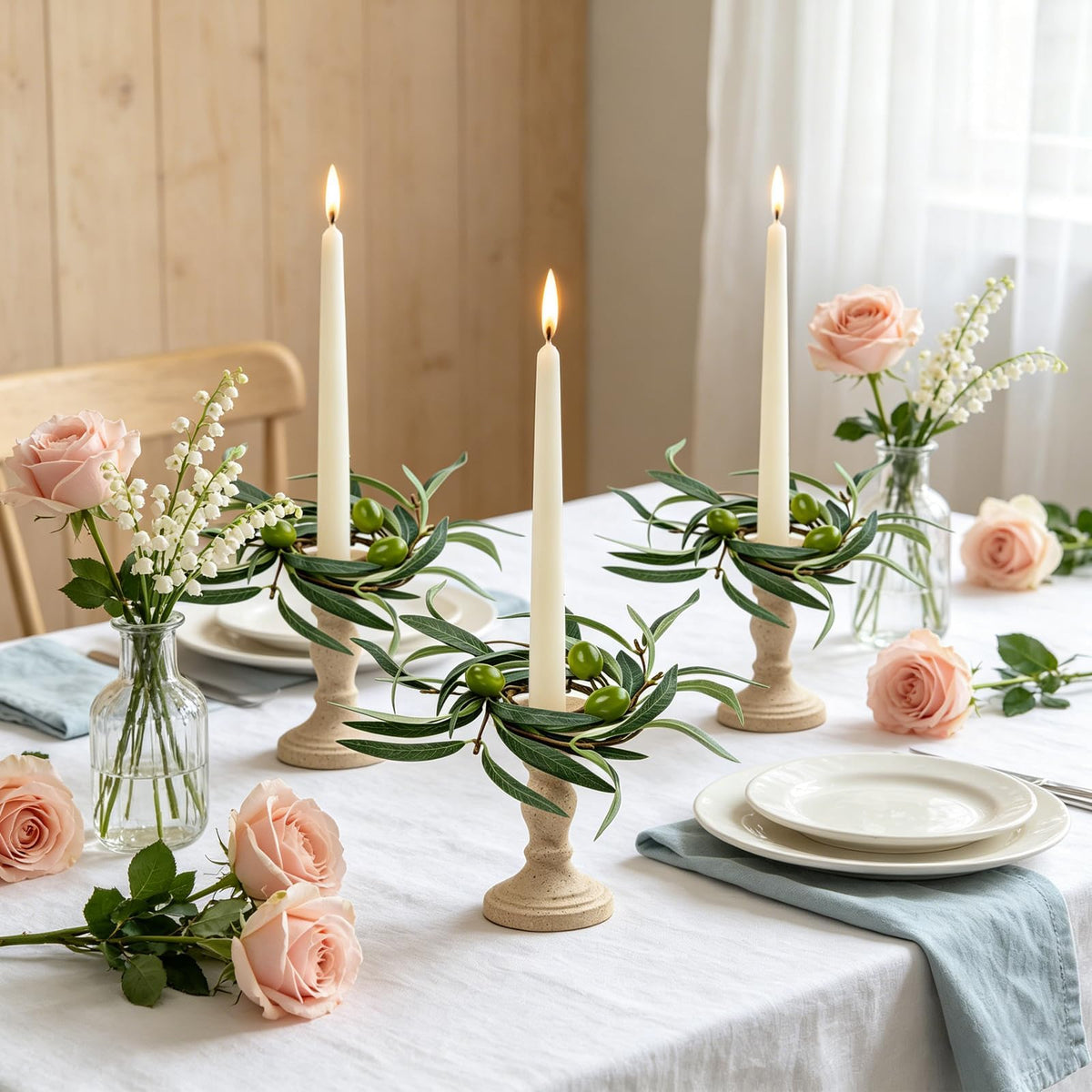 6 PCS 1.38" Mini Spring Summer Taper Candle Ring Mini Green Olive Candle Rings for Tapers Small Artificial Greenery Candle Holder Wreaths for Table Centerpieces Home Wedding Candlesticks Decor