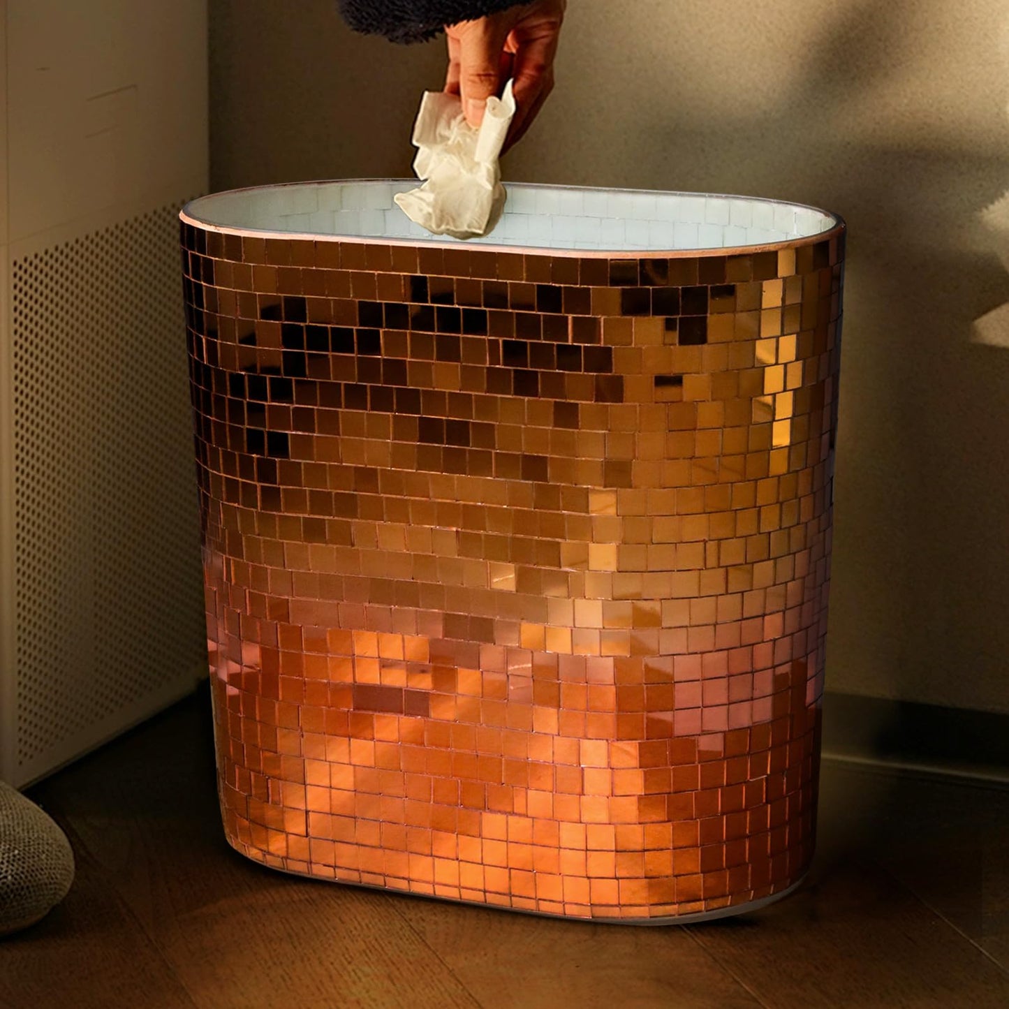 WDHODEC Rose Gold Mosaic Waste Basket (9.8" Tall) | Narrow Oval Decorative Trash Can for Bathroom Vanity & Toilet Side | Luxury Handcrafted Mirror Accent Dual-Use Flower Vase