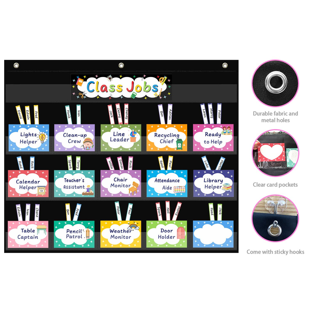 REGELETO Class Jobs Pocket Chart with 70 Colorful Dry Erase Cards and 3 Hooks,Class Management Educational Pocket Chart Teacher's Helper Size: 24.5”x21.8”inch Bulletin Board for Classroom (Black)