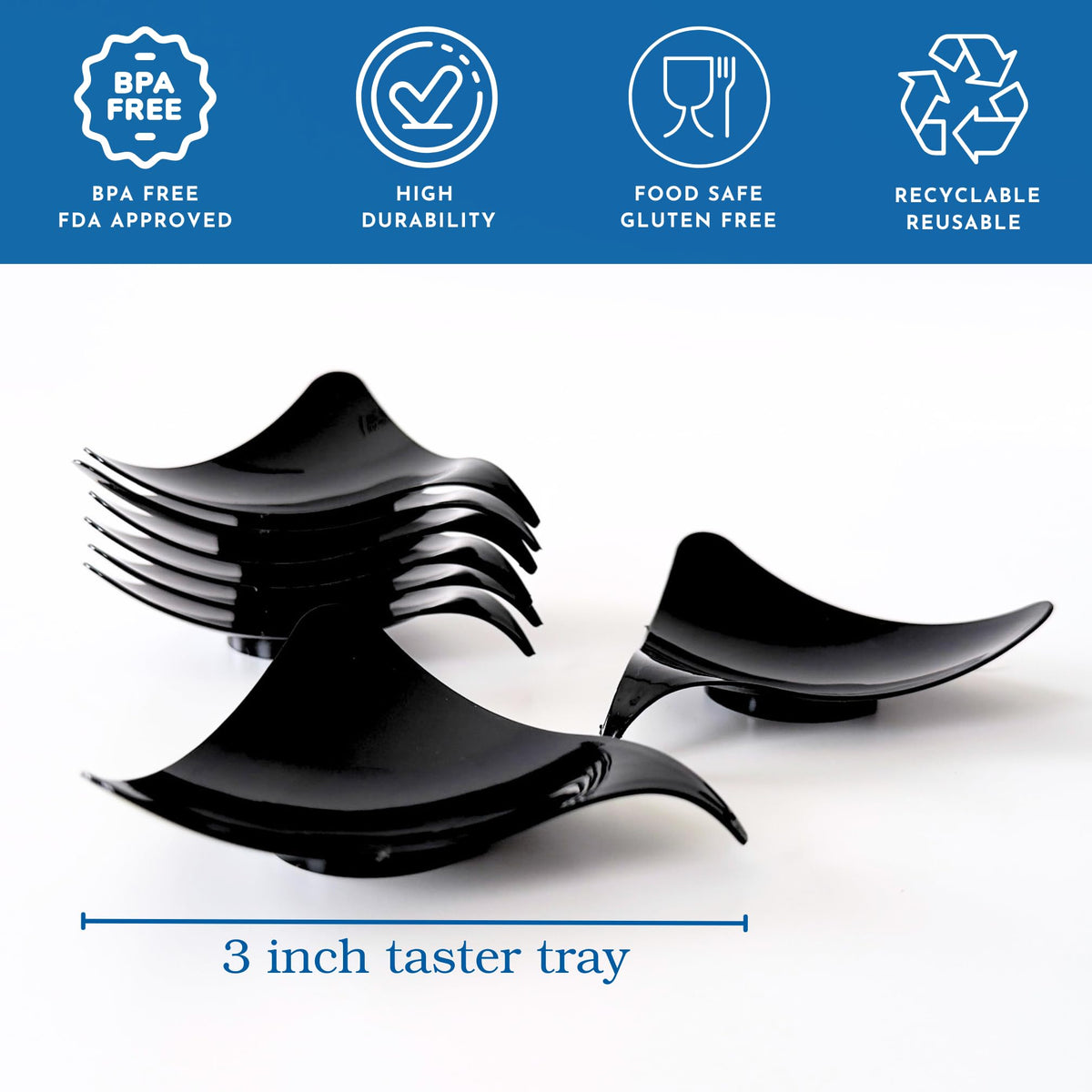 48ct Tiny 3" Black Serving Tray | Mini Appetizer Plates for Catering Supplies | Reusable 3 Inch Mini Plastic Plates | Tiny Serving Dish | Disposable Party and Bakery Supplies | CMJJ