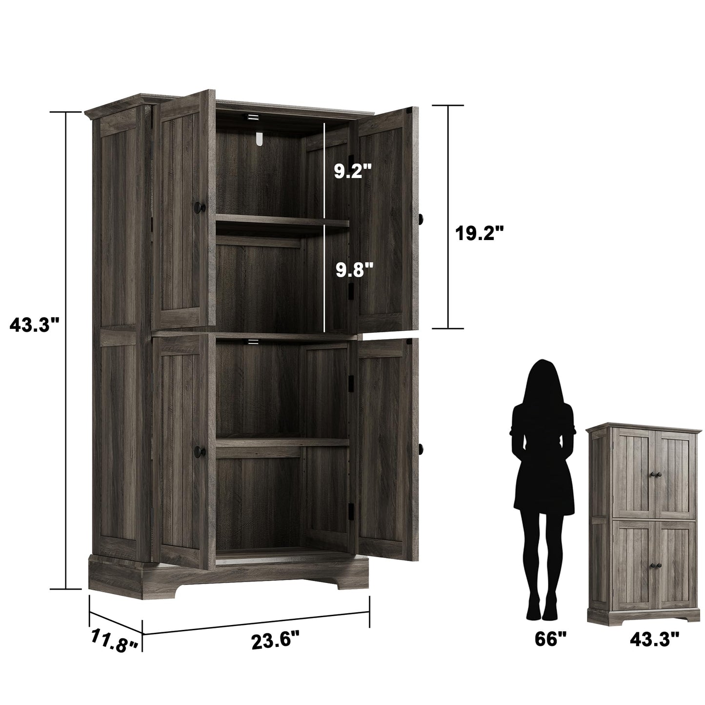 ChooChoo Bathroom Floor Cabinet, Farmhouse Bathroom Storage Cabinet with 4 Doors and Adjustable Shelves, Pantry Cabinet for Living Room, Kitchen, Retro Grey