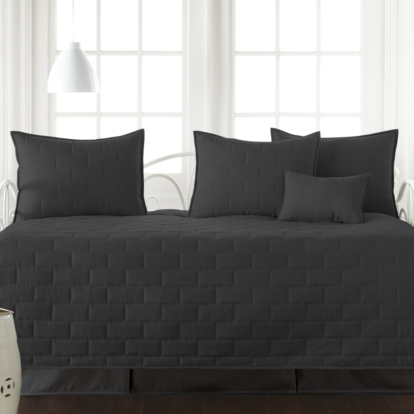 Southshore Fine Living, Inc. Twin Daybed Comforter Set, 6-Piece Twin Bedding Set with Daybed Cover, 3 Pillow Shams, Bed Skirt, Throw Pillow - Day Bed Quilt Set, Brickyard Black