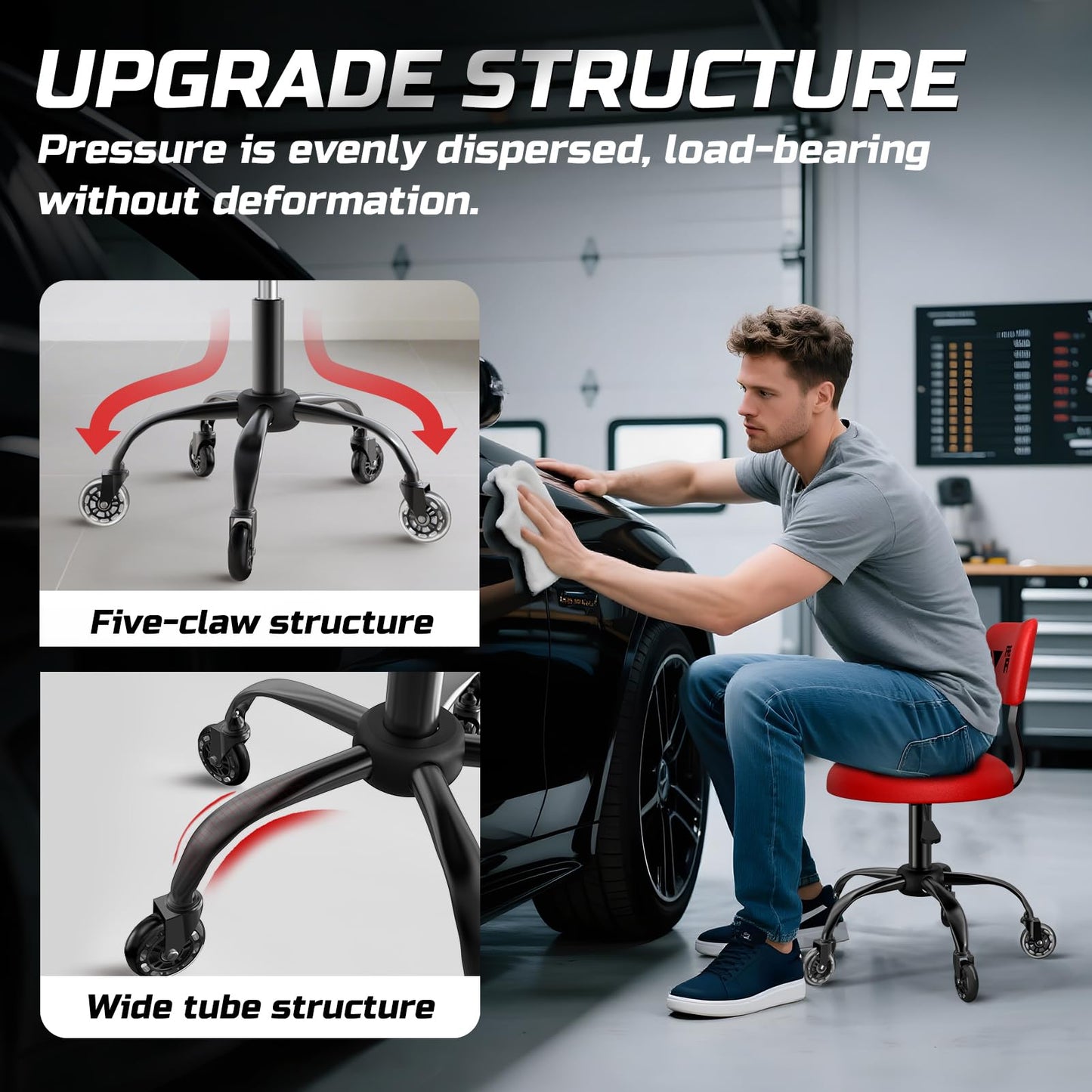 FreekyFit Rolling Shop Stool with Wheels, Mechanic Garage Short Stool Chair with Adjustable Height 15.55"-18.3", Heavy Duty Swivel Roller Seat for Garage, Salon and Tattoo Beauty, Red