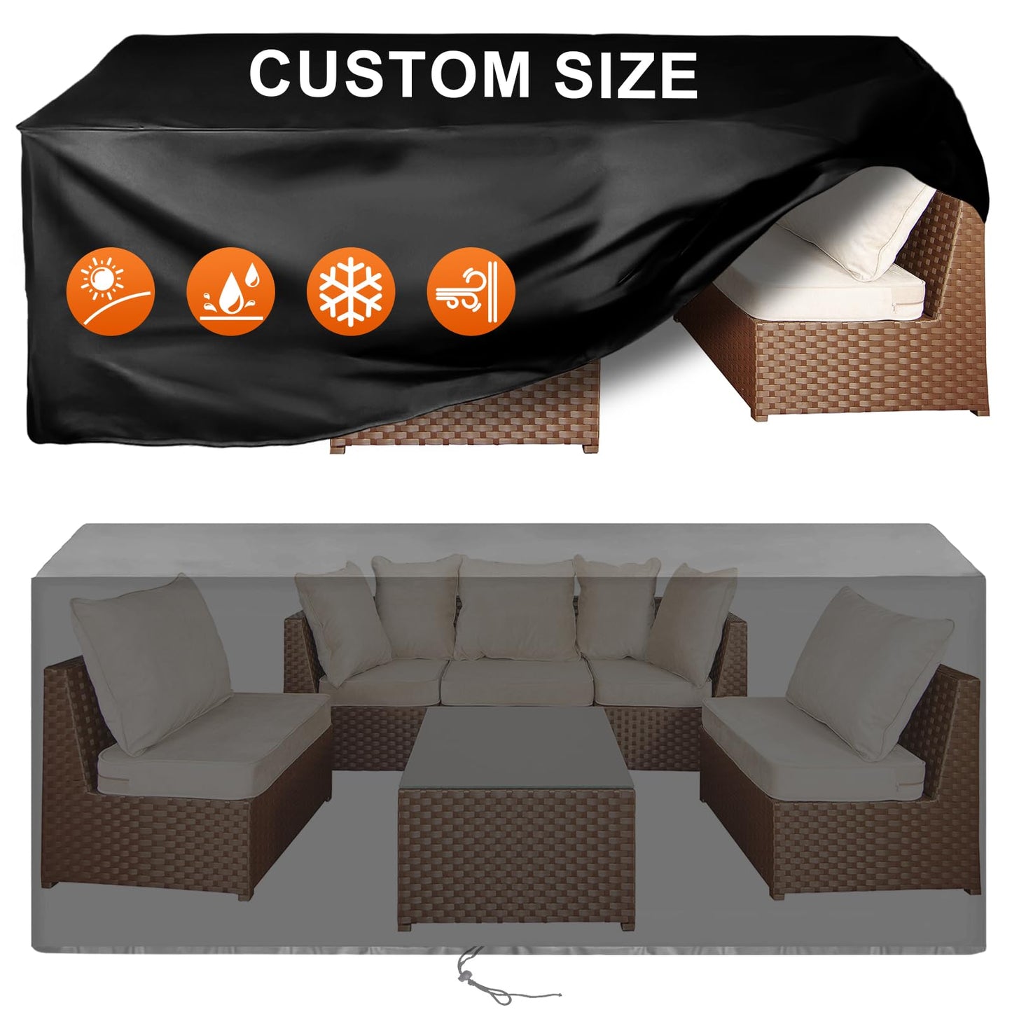 Cisvio Patio Furniture Cover Rectangle 111"(L) x 74"(W) x 30"(H), Custom Heavy Duty 420D Waterproof Outdoor Cover with Drawstring & Buckles for Table Chair Garden, Black
