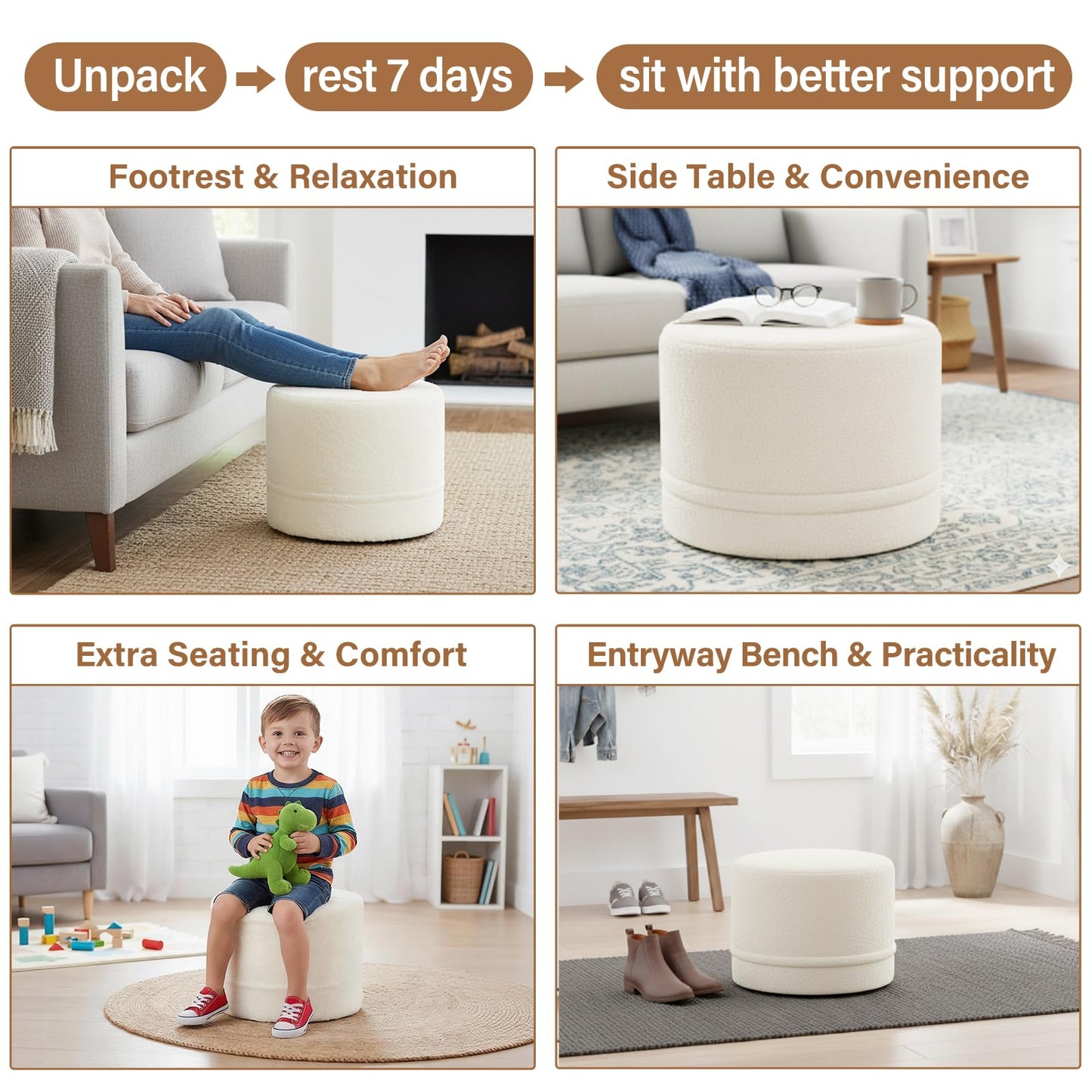 Tiita Round Stuffed Pouf Ottoman, Plush Poufs with Foam Chunk Filling, Foot Rest Stool for Living Room, Cream
