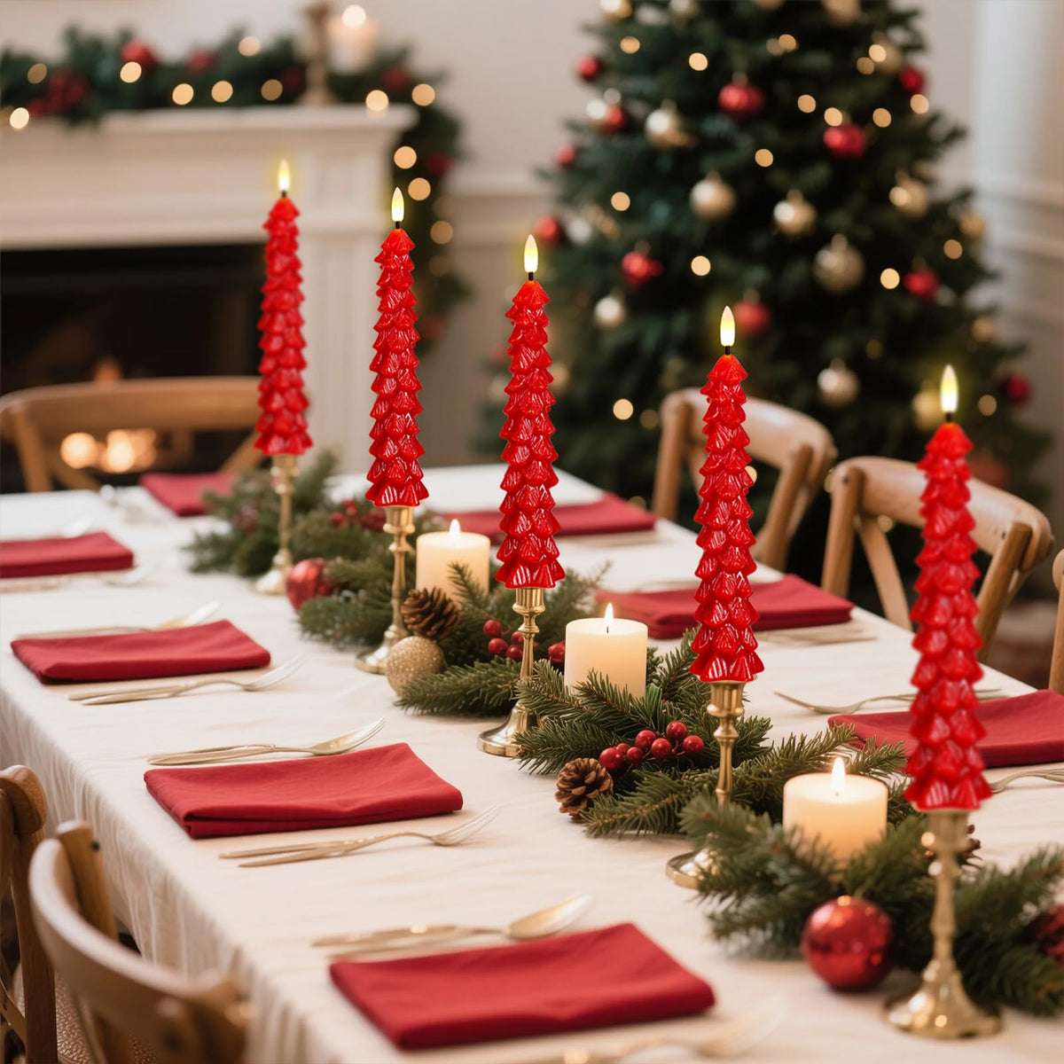 KunSwenn Christmas Tree Candles, Red Christmas Taper Candles, Set of 6 Real Wax LED Flameless Taper Candle, 9.8 Inch LED Tree Candlesticks for Xmas Home Decor