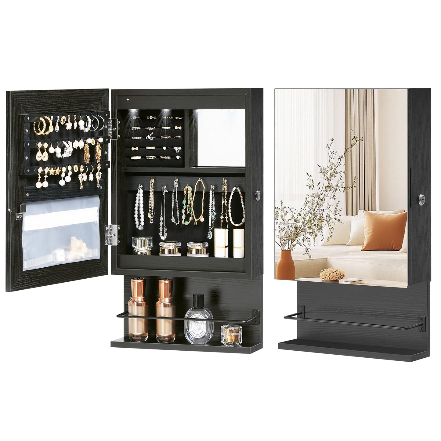 HOOBRO Wall Mounted Jewelry Cabinet, LED Jewelry Armoire with Interior Mirror, Hanging Jewelry Organizer for Wall, Lockable Jewelry Storage Cabinet, 3.9 x 11.8 x 20.9 Inches, Black