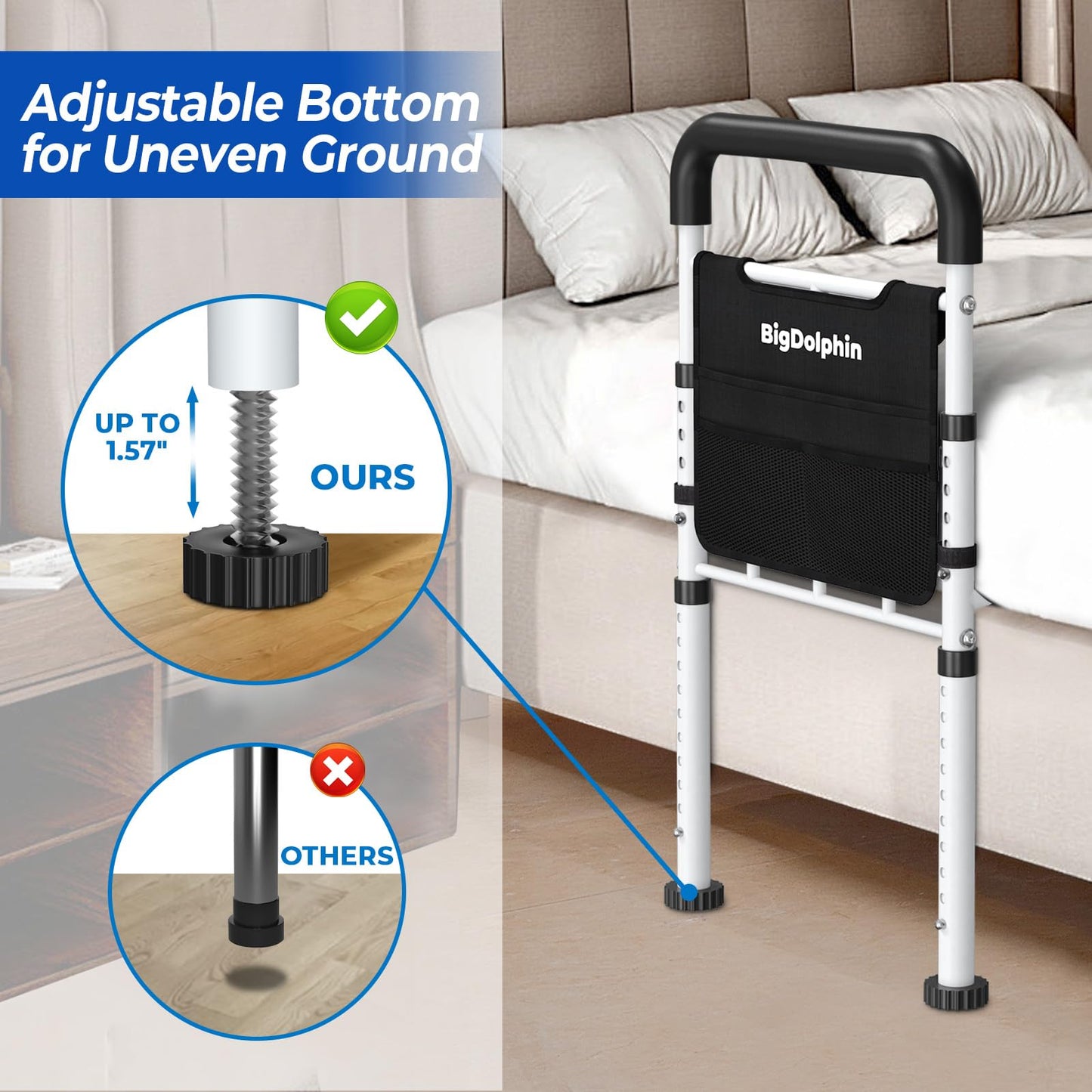 BigDolphin Bed Assist Rail for Elderly - ASTM Approved, 400 LBS Capacity, Tool-Free, Stable Bed Assist Rails for Seniors with Ergonomic Non-Slip Handle & Storage Pocket