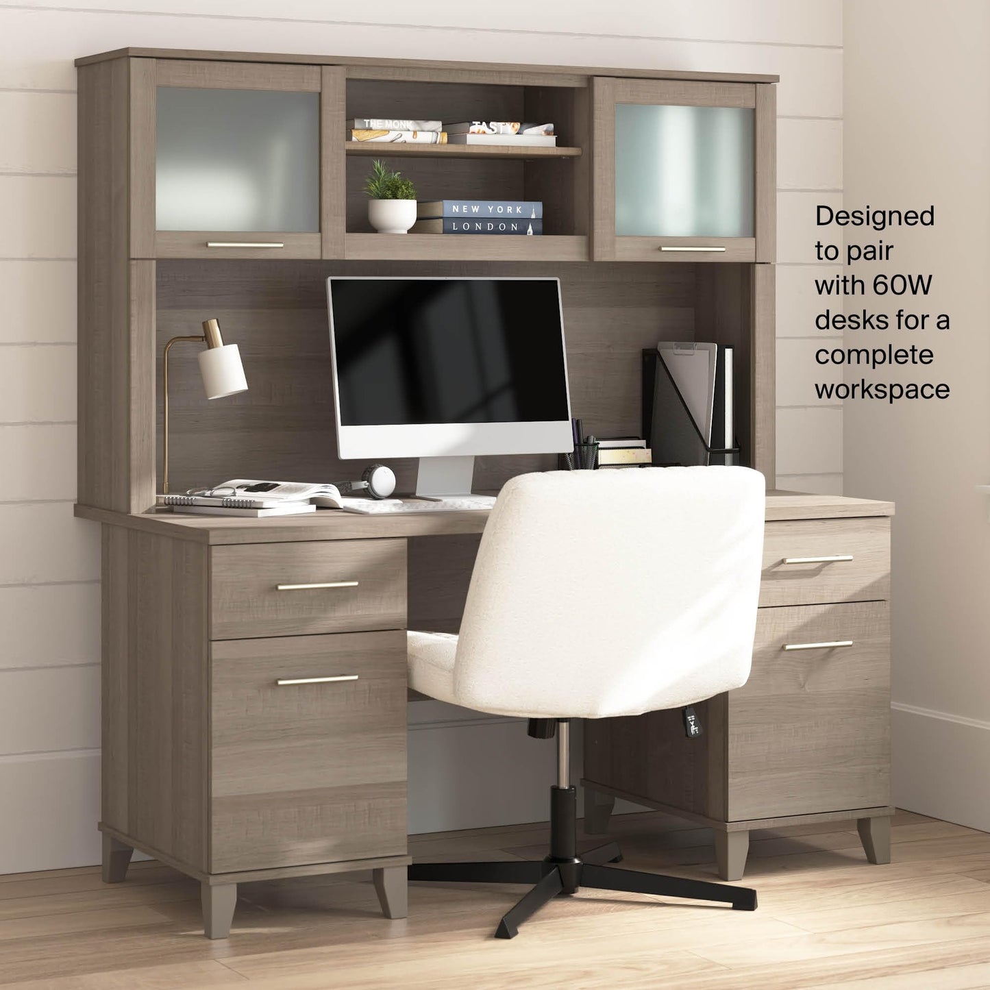 Bush Home 60-Inch Desk Hutch, Office Storage Organizer with Shelves, Cubbies and Frosted Glass Doors for Computer Desk, Home Office Furniture, Somerset Collection, Ash Gray