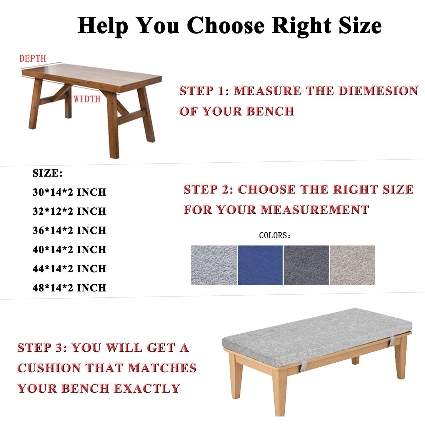 MICUSHION Piano Bench Cushion for Indoor Shoe Storage Non Slip Picnic Bench Pad for Kitchen Dining Table Seat 36 x 14 inch Blue