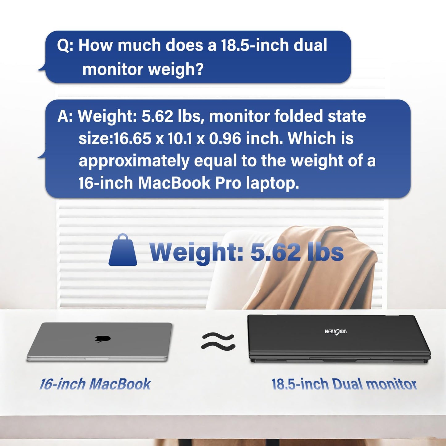 InnoView 18.5" 100Hz Dual Portable Monitor Built-in Speakers 115% sRGB 315°Adjustable Dual Stacked Folding Monitor (Wins/Mac) 1080P Laptop Screen Extender for Laptop(No Driver Needed)