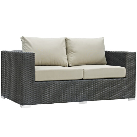 Modway EEI-1851-CHC-BEI Sojourn Wicker Rattan Outdoor Patio Coffee Table, Loveseat, Canvas Antique Beige