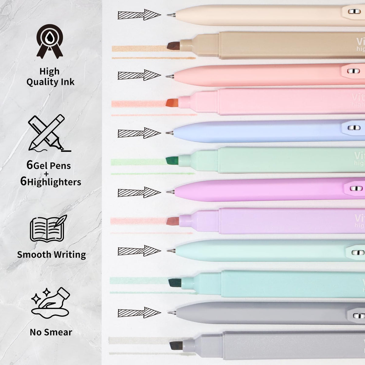 Piochoo Highlighters and Pens Set, 6 Aesthetic Highlighters and 6 Black Ink Gel Pens Fine Point Tip for Women Nurse Bible Study, Journaling, School and Office Supplies