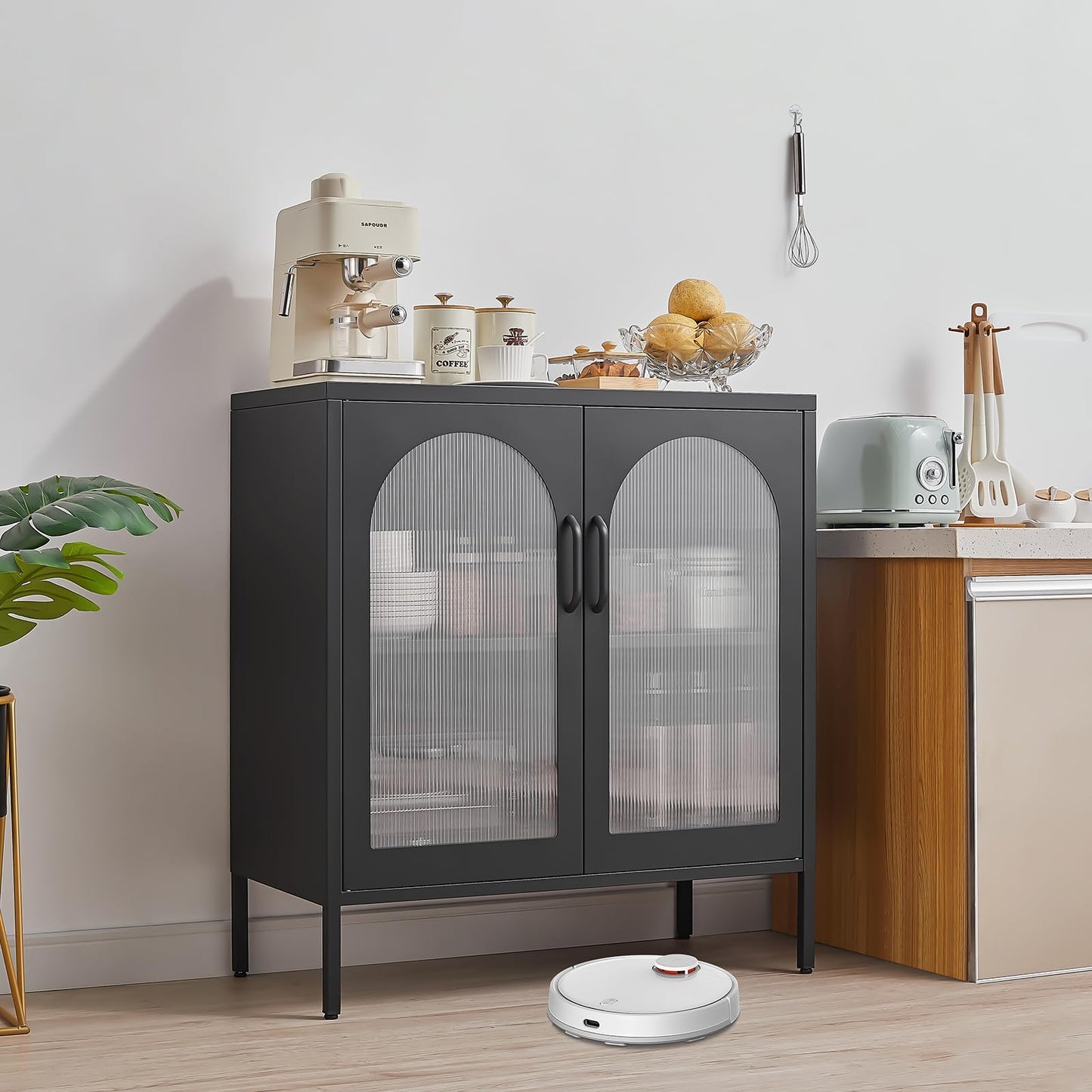 FURSTEL Buffet Cabinet, Modern Industrial Style Sideboard Buffet Cabinet, with Adjustable Shelves Credenza for Living Kitchen Dining Farmhouse, 15.8" L x 27.6" W x 35" H Black