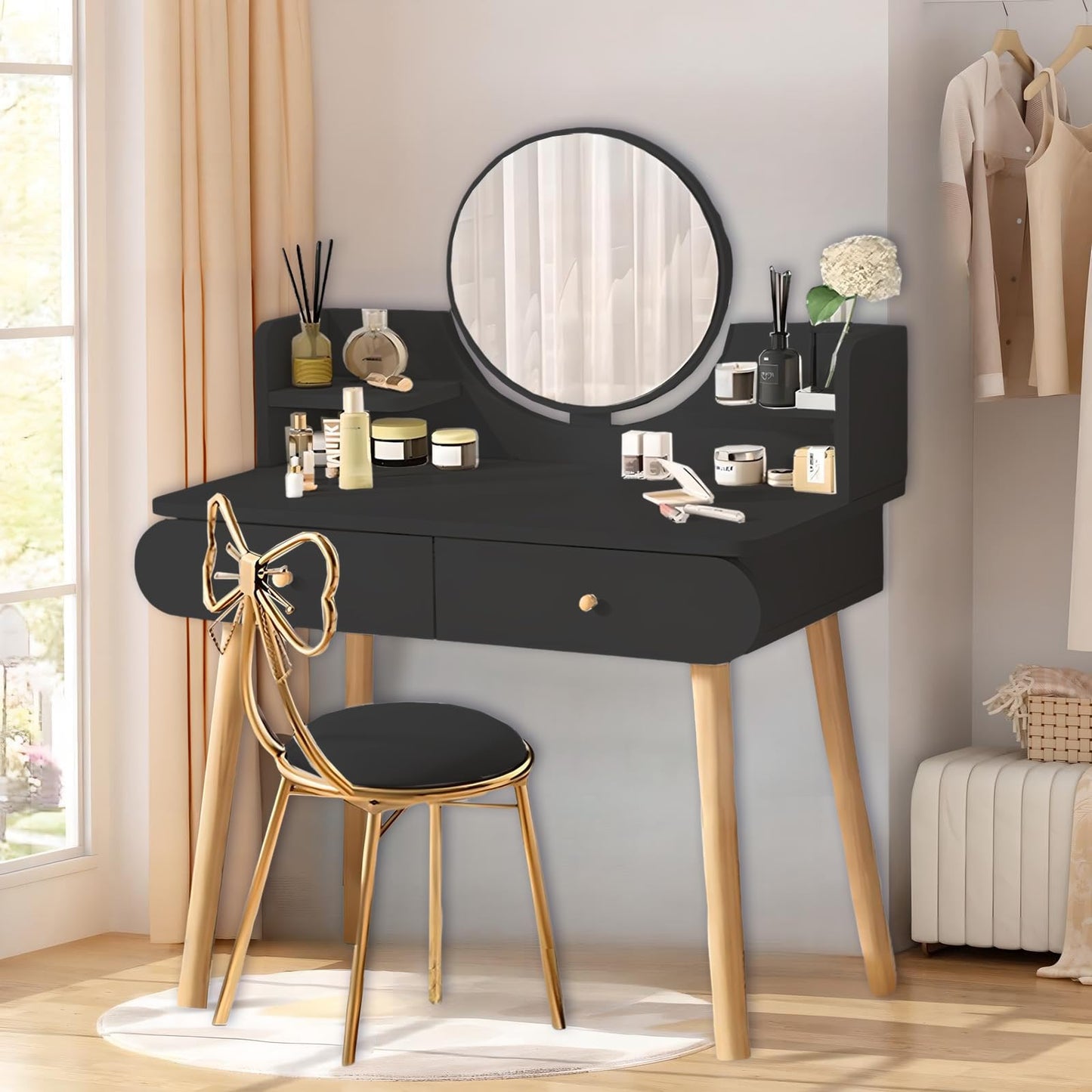 YEYGRIEM Makeup Vanity Table Set with Mirror, Medium Density Fiberboard Modern Makeup Vanity Dressing Desk with 2 Drawers and 2 Shelves, 31.5"(L)*15.7"(W)*47.2"(H), Black (Without Stool)