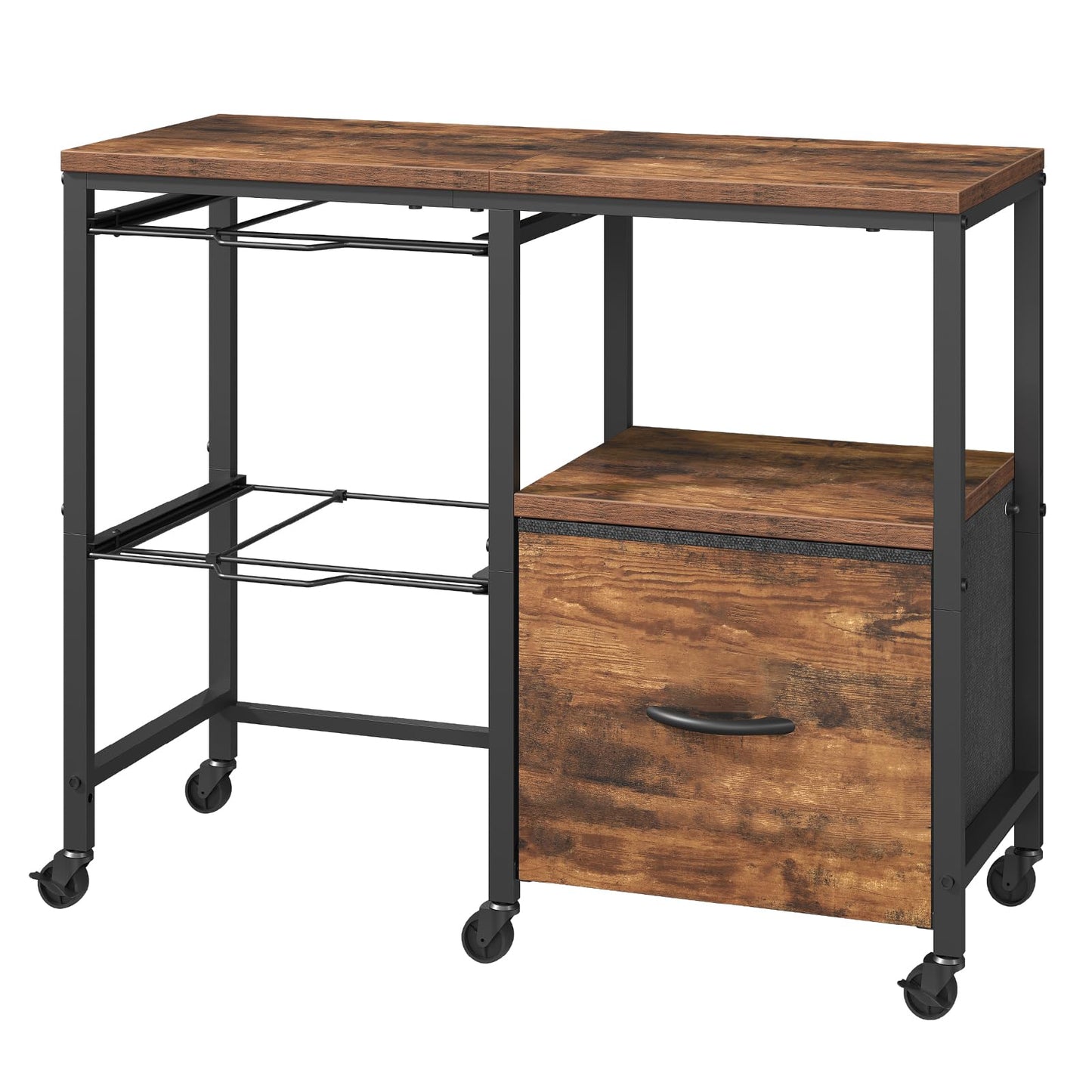 MAHANCRIS File Cart，Lateral File Organizer with Fabric Drawer & Hanging File Holders, Mobile File Organizer for Home Office, Printer Stand with Wheels & Adjustable Feet, Rustic Brown FCHR6001