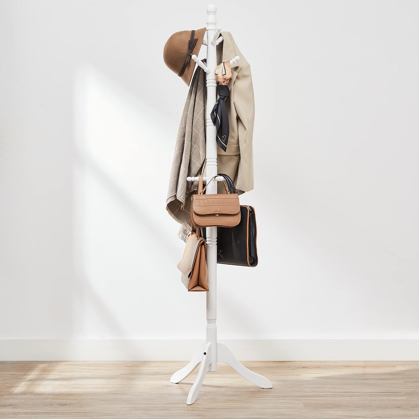 VASAGLE Solid Wood Coat Rack and Stand, Free Standing Hall Coat Tree with 10 Hooks for Hats, Bags, Purses, for Entryway, Hallway, Rubberwood, Cloud White URCR03WT