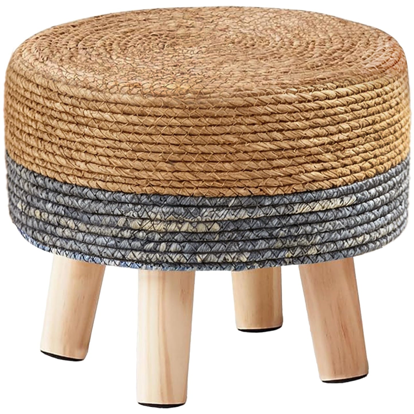 Wimarsbon Round Foot Stool Natural Seagrass Poufs Ottoman Hand Weave Footrest Stool for Couch Desk Extra Seat Step Stool with Solid Wood Legs for Hallway Patio Lounge Blue