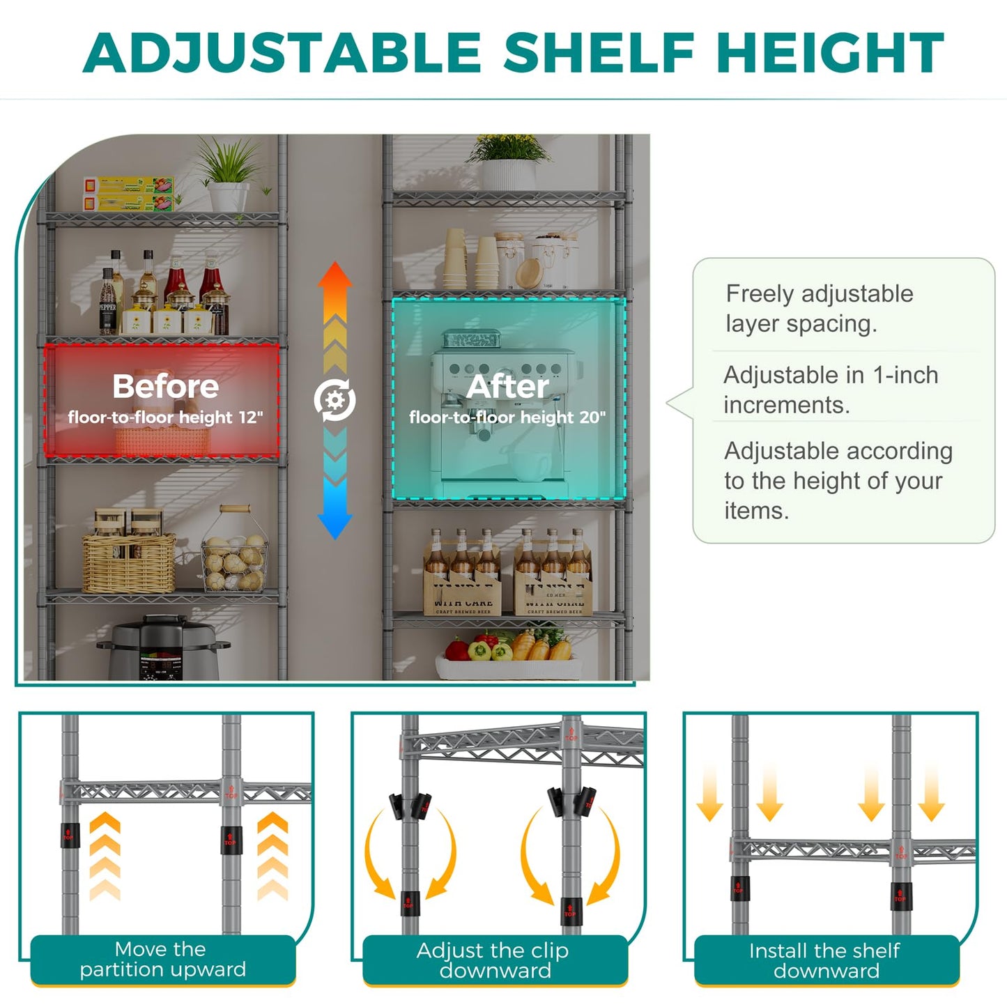 SINGAYE Shelf Wire Shelving Adjustable Storage Shelves Rack Standing Units for Kitchen Closet Laundry Bathroom Organizers Metal Pantry Narrow Mesh Gaps 14" D x 24" W x 72" H Grey