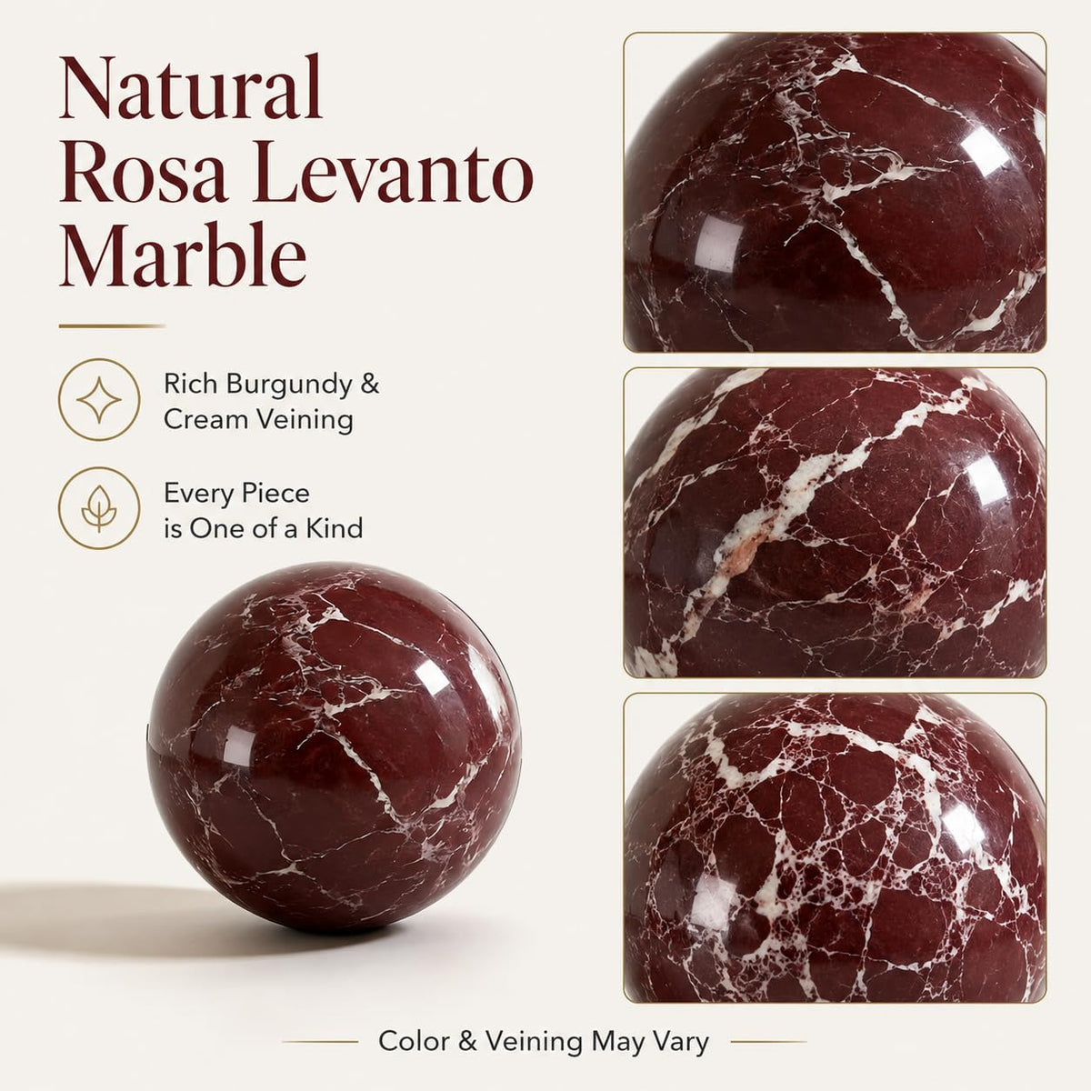 SIRIZEN-DIVING Rosa Levanto Marble Decorative Sphere, 12cm Large Solid Natural Stone Orb for Coffee Table, Console Table, Hotel, Entryway and Living Room Decor