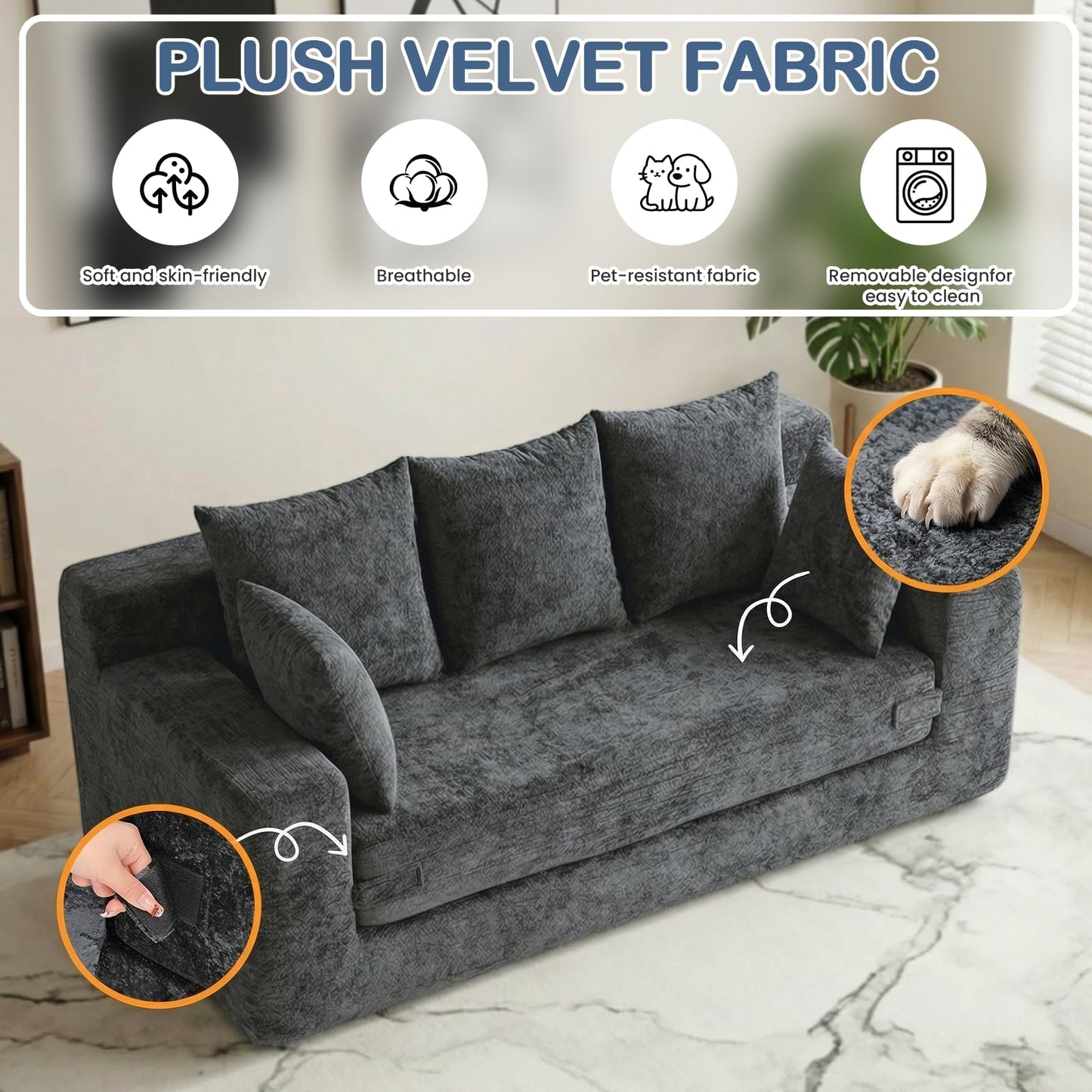 Winzoo Boneless Couches 70", 3 Seater Boneless Couch with Pull Out Sofa Bed, Gray Boneless Couch with 5 Pillows, Plush Velvet Sofa for Living Room & Bedroom