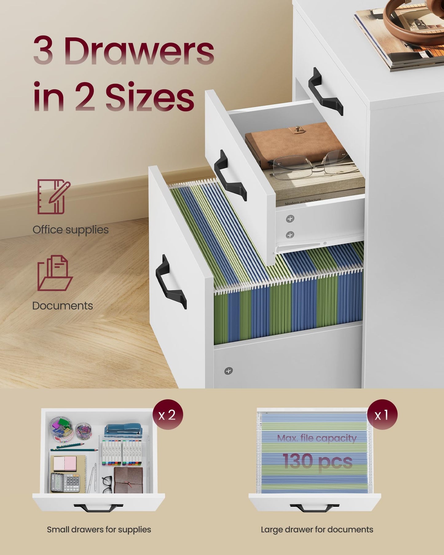VASAGLE Custos Collection - Mobile File Cabinet, 3 Drawers Filing Cabinet with Wheels, for Home Office, for A4, Letter Sized Documents, Adjustable Hanging Rail, Cloud White UOFC065WB01