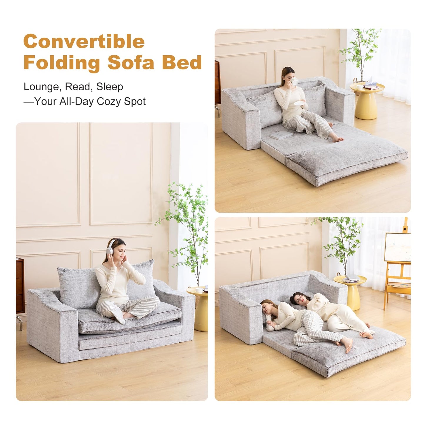 61" Convertible Sofa Bed Loveseat, Memory Foam Boneless Floor Couch with Removable Faux Fur Cover, Tri-folding Compact Full-size Sleeper for Small Living Room, Playroom, Guest Room, RV (White-Coffee)