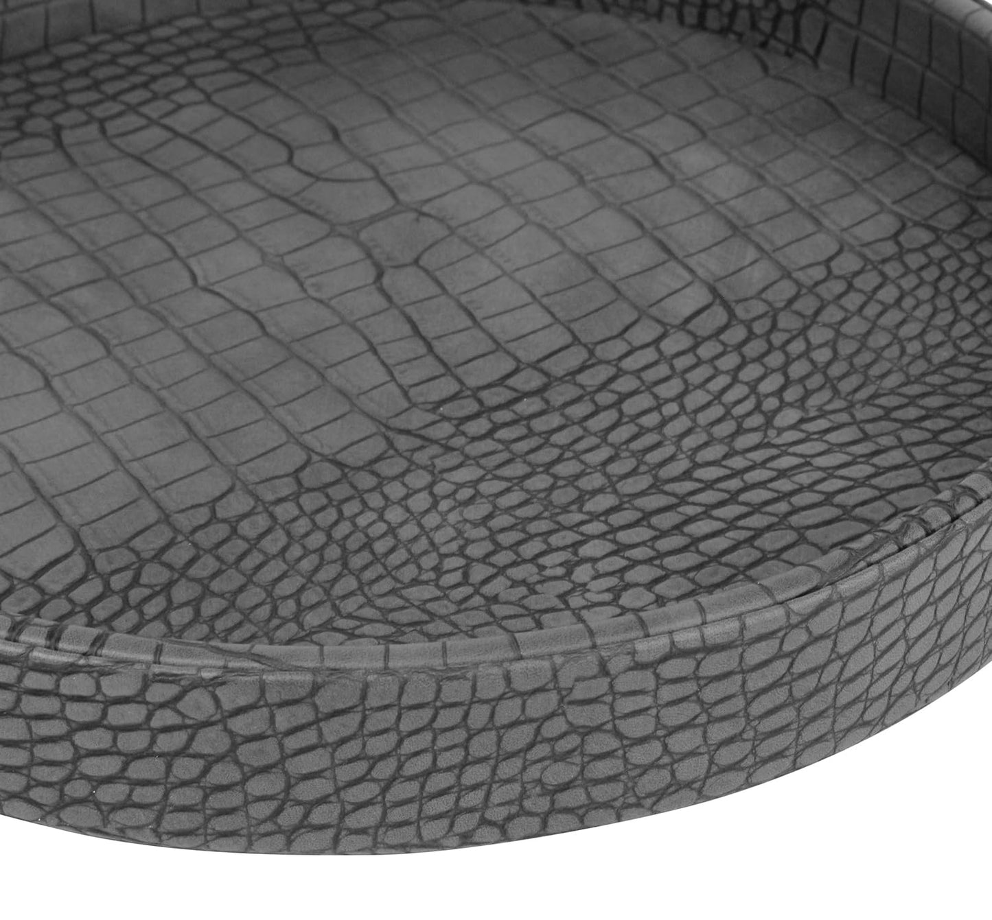HofferRuffer Faux Leather Round Serving Tray, Vegan Croco Leather Decorative Tray, Food Tray for Storage Drinks, Snack & Cosmetics, Dia.12'' x 1.6'' (Dark Grey)