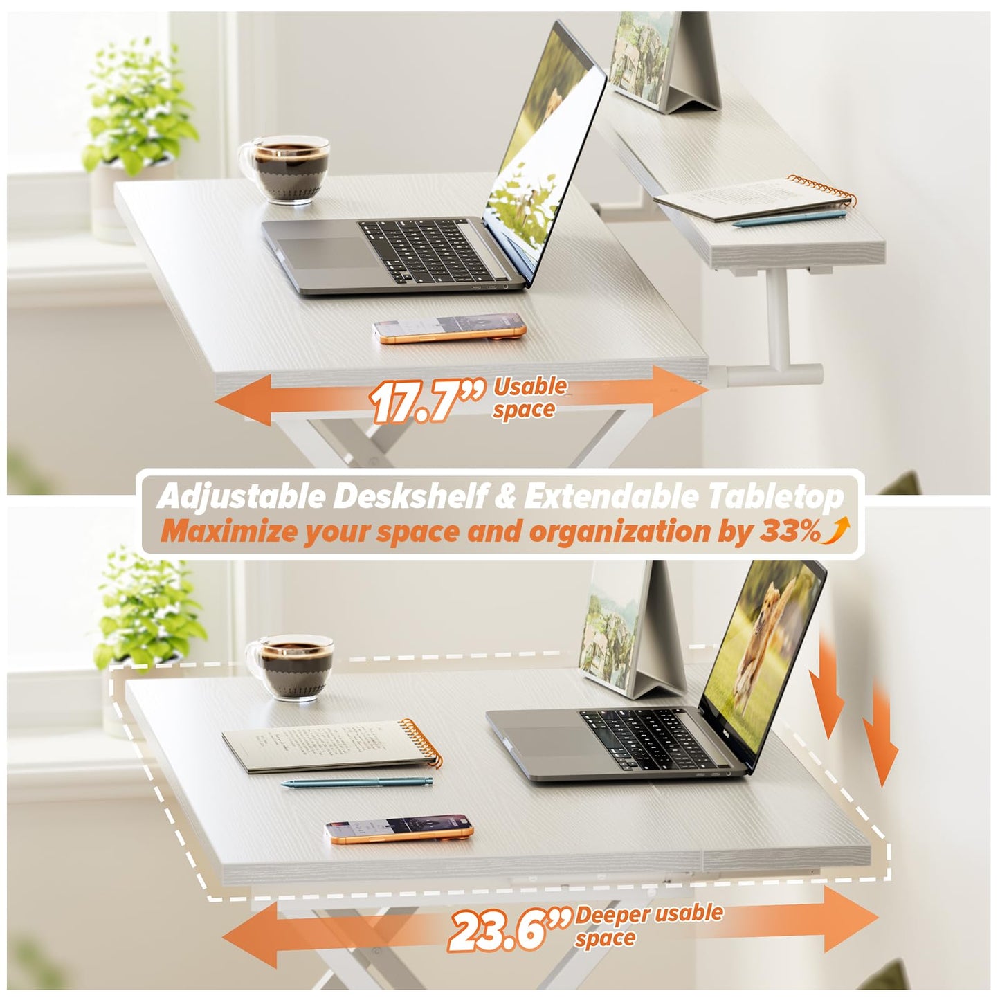 WOHOMO Folding Computer Desk with Adjustable Height, 23.6" x 31.5" x 25.6" Foldable Table with Monitor Stand, Small Office Desk for Bedroom, Space Saving Desk for Home Office, Easy Assemble, White