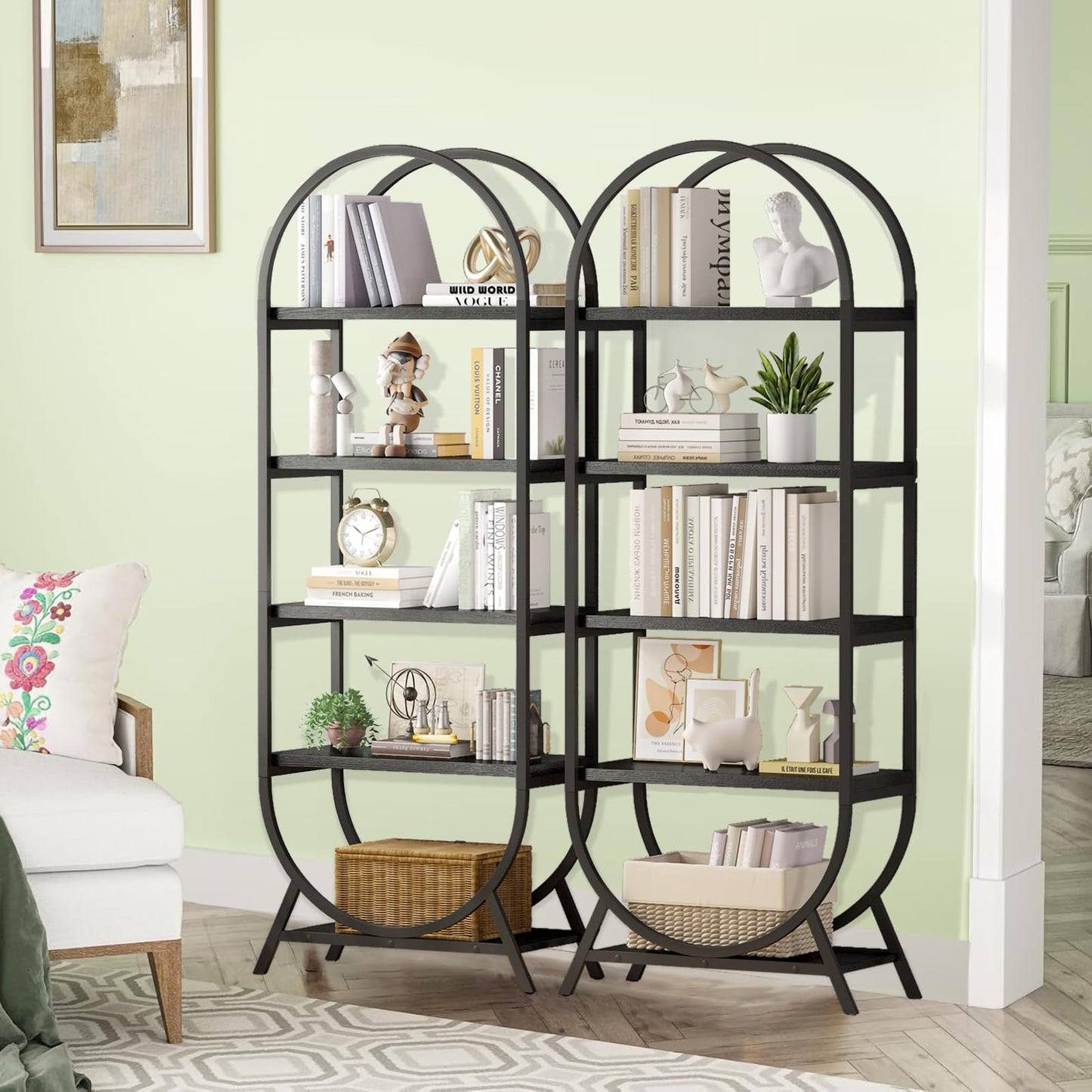 BIASUNS Arched Bookshelf,5-Tier Tall Wide Open Bookshelf,Modern Brown Storage Bookshelves, Freestanding Display Rack Shelving Unit for Office, Bedroom, Living Room, Easy Assembly, Black