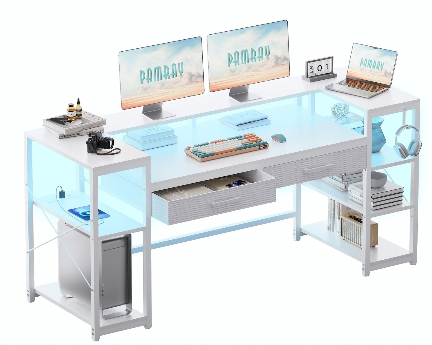 Pamray 58 Inch Computer Desk with Monitor Stand and Shelves Gaming Desk with LED Lights & Power Outlets PC Vanity Table with 2 Drawers for Home Office White